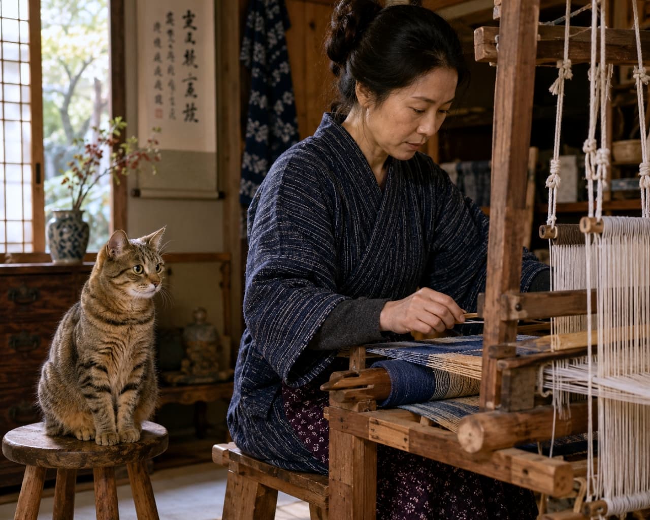 「トントン、カラリ。機織りの心地よい音が響くニャ🧵 地域の美しい手仕事、ずっとそばで見守っていたいな🐈👘 #伝統織物 #手仕事 #田舎暮らし」Ultra-realistic high-quality photograph of a tabby cat sitting on a round wooden stool, quietly watching a woman in traditional Japanese clothing working on a wooden weaving loom in a tatami room. 和室で伝統的な機織り機に向かい、真剣に作業をする和装の女性。そのすぐ横の丸椅子に座り、作業の様子を静かに見守るキジトラ猫。日本の伝統と穏やかな日常を捉えた高品質な写真