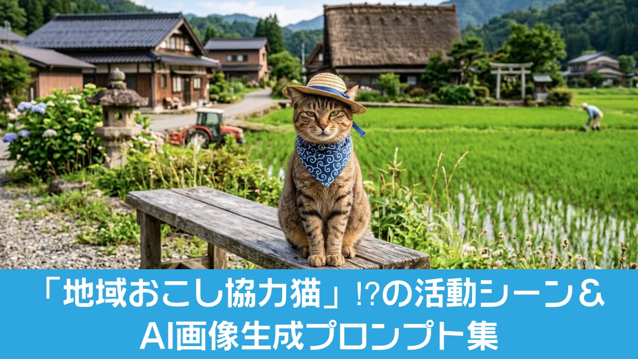 「日本の夏、猫の夏。麦わら帽子が似合いすぎる、田舎の小さなパトロール隊長を発見です！今日も異常なしニャ！🌾✨ #日本の風景 #麦わら帽子猫 #ノスタルジー」Ultra-realistic high-quality photograph of a domestic shorthair tabby cat wearing a tiny straw hat and a blue traditional Japanese patterned bandana, sitting on a wooden bench. The background features a lush green rice field, a thatched-roof house, and a rustic countryside scene. 青々と茂る美しい田んぼと、茅葺き屋根の古民家が広がるのどかな日本の里山風景。その手前にある木製のベンチにちょこんと座り、小さな麦わら帽子と青い唐草模様のバンダナを身につけた凛々しいキジトラ猫。紫陽花やトラクター、農作業をする人の姿が調和する日本の夏のワンシーン