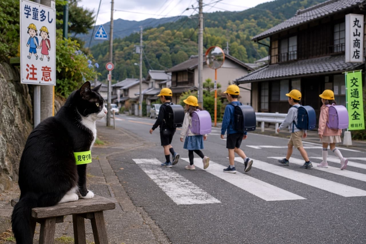 「おはようニャ☀️ 今日の通学も安全第一!地域の子供たちの元気な姿を見守るのが僕の任務です🐈🎒 #見守り隊 #地域貢献 #交通安全」Ultra-realistic high-quality photograph of a tuxedo cat wearing a yellow armband that says "Watch/Patrol," sitting on a wooden stool and watching over elementary school children crossing a crosswalk in a rural Japanese town. 「見守り隊」と書かれた黄色い腕章をつけ、木製の台に座って横断歩道を見つめるハチワレ猫。奥にはランドセルを背負って横断歩道を渡る小学生たちと、のどかな日本の山間の町並みが広がる高品質な写真