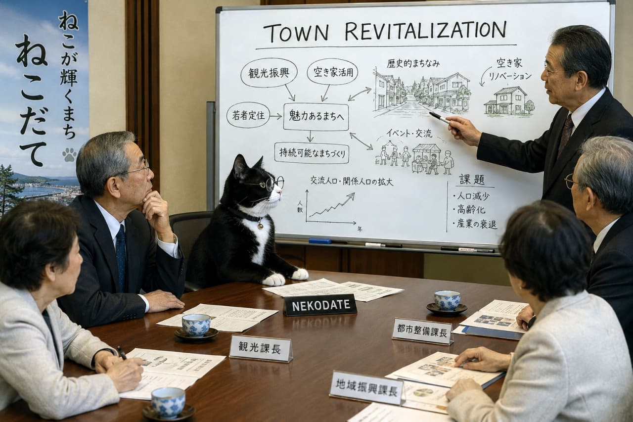 「ねこが輝くまちづくり!📊🐾真面目な顔して会議に参加するハチワレ議長📝✨ #町おこし #働く猫」Ultra-realistic high-quality photograph of a tuxedo cat wearing round glasses attending a town revitalization meeting with people around a table and a whiteboard. 町おこし(Town REVITALIZATION)の図解が書かれたホワイトボードの前で、丸眼鏡をかけたハチワレ猫が会議に参加している様子。人間たちが真剣に猫の意見を聞いているようなシュールでリアルな構図