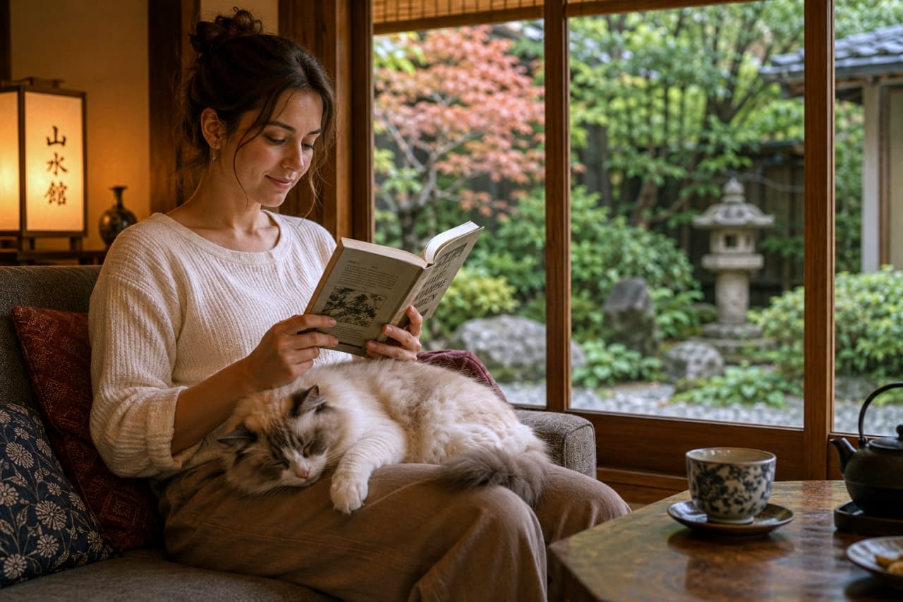 「緑豊かなお庭を眺めながら、膝の上のモフモフと一緒に至福の読書タイム📚🌿 癒やされる〜🐈💤 #和室 #猫との暮らし」Ultra-realistic high-quality photograph of a relaxing scene where a woman is reading a book by the window of a Japanese-style room with a view of a beautiful Japanese garden. A fluffy cat is sleeping comfortably on her lap. 美しい日本庭園が見える和室の窓際で、女性がリラックスして本を読んでいる様子。彼女の膝の上では長毛の猫が心地よさそうに眠っている、高画質でリアルな写真