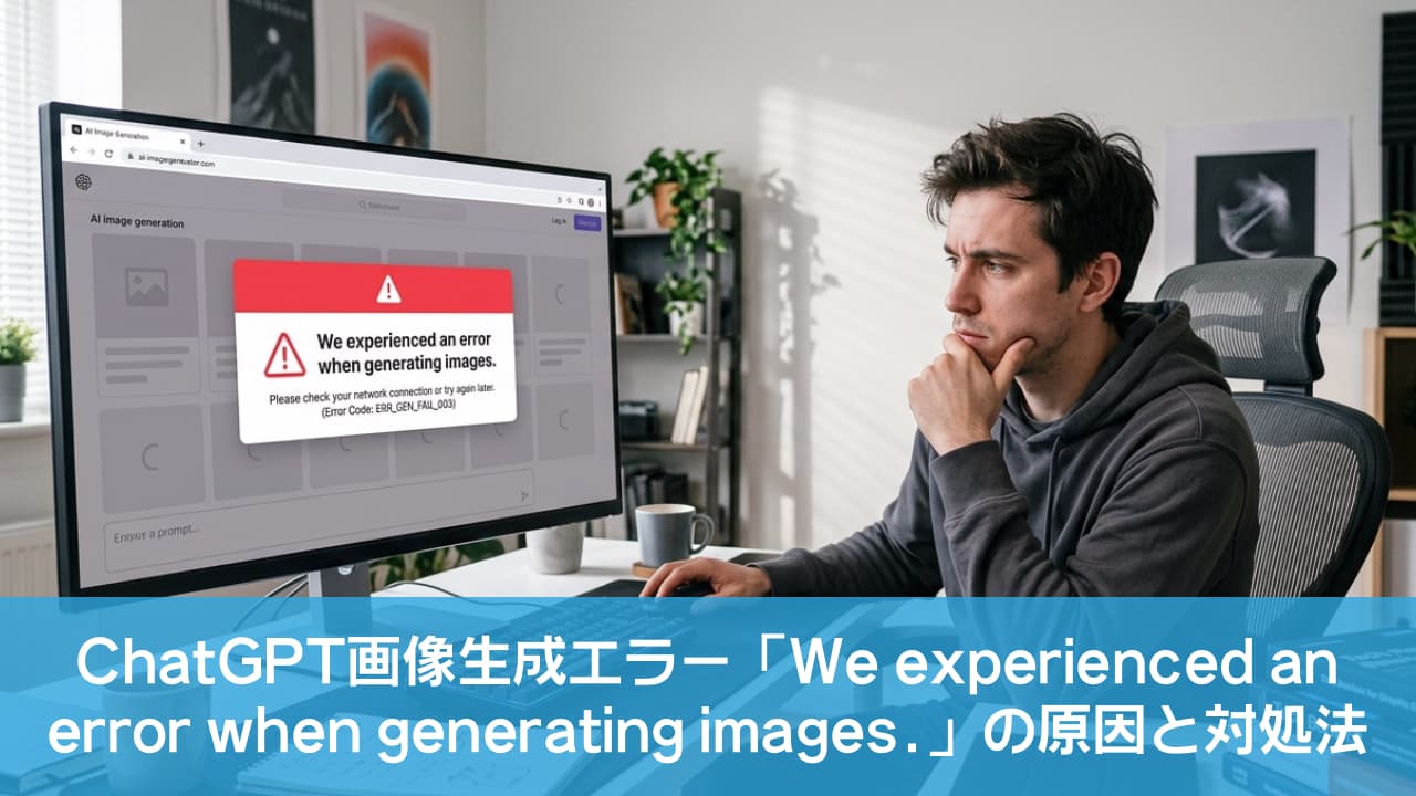 A professional technology blog thumbnail with a 16:9 aspect ratio, showing a frustrated user in a modern workspace looking at a computer screen that displays a large warning icon and the message 'We experienced an error when generating images.' The composition includes clean lighting and negative space for Japanese headline text. 最新のワークスペースで、PCモニターに表示された『We experienced an error when generating images.』というAI画像生成エラーメッセージと大きな警告アイコンを、落ち込んだ様子で見つめるユーザーの後ろ姿。ブログの見出しテキスト用に余白が確保された、16:9のアスペクト比のプロフェッショナルなテクノロジーブログ用サムネイル画像