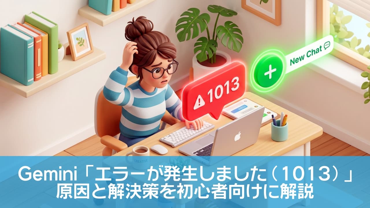 「溜まりに溜まった1013件の通知にパンク寸前！😱 そんな時は「New Chat」でスマートに解決しちゃおう✨」Ultra-realistic high-quality 3D isometric illustration of a girl at a desk using a laptop, looking confused at a red speech bubble popping out of the screen saying "1013". Right next to it, a green glowing "Plus button for new chat" symbolizes the solution. Bright and pop colors, clean background with plants and books, cute 3D design. アイソメトリック（等角投影法）で描かれた3Dイラスト。デスクでノートパソコンを前に、画面から飛び出した「1013」という赤い通知に頭を抱えて困惑する女の子。その隣には解決策を象徴する、緑色に光る「New Chat」のプラスボタンが浮かんでいます。明るいパステルカラーの室内、観葉植物や本棚が並ぶ清潔感のある可愛いデザインです