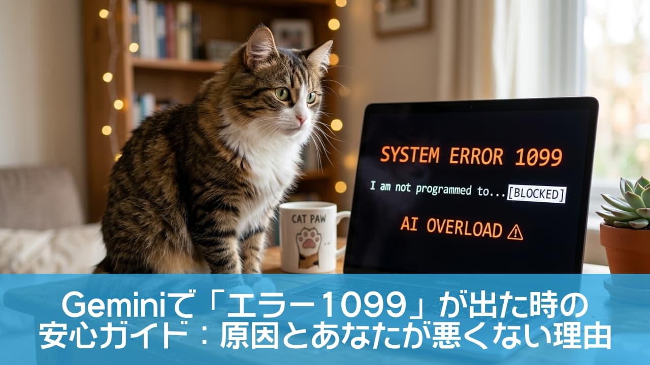 「「えっ、ボクのせいじゃないよね…？🙀」システムエラーに固まる猫エンジニア。AIも猫の手を借りたいみたい！💻✨」Ultra-realistic high-quality photograph of a tabby cat staring at a laptop screen displaying "SYSTEM ERROR 1099" and "AI OVERLOAD" warnings. A "CAT PAW" mug sits on the wooden desk with a warm bokeh background of fairy lights and bookshelves. 木製のテーブルの上で、ノートパソコンに表示された「SYSTEM ERROR 1099」という赤い警告文字を見つめるキジトラ猫。横には猫の肉球イラスト入りのマグカップが置かれ、背景には温かい光の玉ボケと本棚が広がる、ドラマチックでユーモアのある構図
