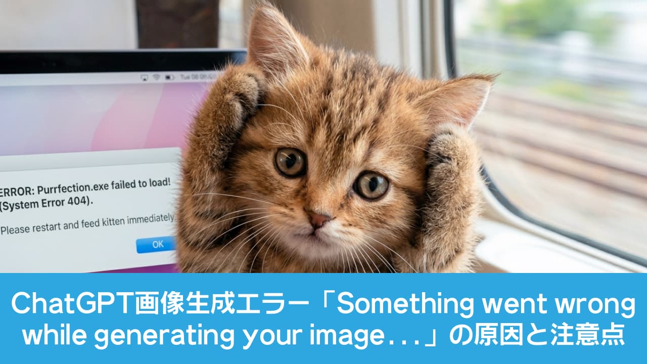 「あっ！システムエラー発生にゃ！💻💦急いでちゅ〜るをチャージして再起動しなきゃ…🐈🚀 #猫のいる生活 #エンジニア猫 #おもしろ画像」Ultra-realistic high-quality photograph of a worried tabby kitten holding its head with both paws in an "Oh no!" gesture, sitting by a train window with a laptop screen displaying a "Purrfection.exe failed to load!" error message in the background.　電車の窓際で、ラップトップの画面に表示された「Purrfection.exe failed to load!」というエラーメッセージを背景に、キジトラの子猫が両前足を頭に当てて「しまった！」と困惑しているような表情を浮かべる超高画質な写真
