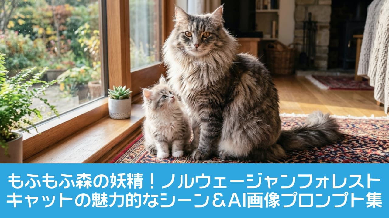 「窓辺に舞い降りた森の妖精親子✨ 豪華なモフモフと神々しいオーラに、思わずひれ伏したくなります…！👑🐈 #ノルウェージャンフォレストキャット #長毛猫 #猫のいる暮らし」Ultra-realistic high-quality photograph of a majestic Norwegian Forest cat sitting next to its adorable fluffy kitten on an intricate patterned rug by a large bright window overlooking a green garden. 暖かい日差しが差し込む大きなガラス窓の前に座る、ゴージャスな長毛のノルウェージャンフォレストキャットとその子猫。親猫はライオンのたてがみのような豊かな首回りの飾り毛と鋭く美しい金色の瞳でカメラを真っ直ぐ見つめ、横にいるフワフワの子猫は親猫の顔を愛らしく見上げています。窓の外の緑と室内の観葉植物、ペルシャ風の絨毯が高級感を演出しています