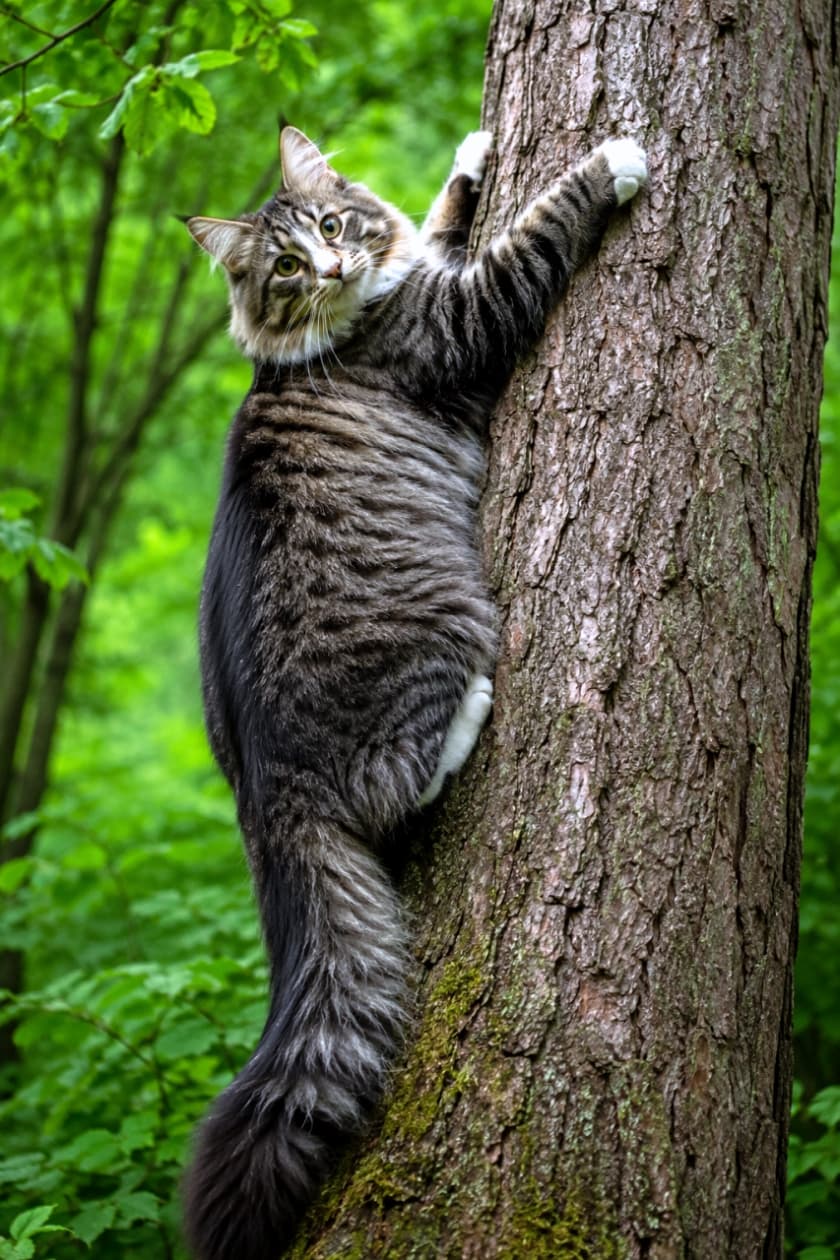 「よいしょ、よいしょ!🐾木登りだってお手の物なアクティブ猫ちゃんです🌿 #木登り猫 #アウトドア #ノルウェージャンフォレストキャット」Ultra-realistic high-quality photograph of a Norwegian Forest Cat climbing a large tree trunk in a lush green forest. 新緑の森の中で、太い木の幹に登っているノルウェージャンフォレストキャット