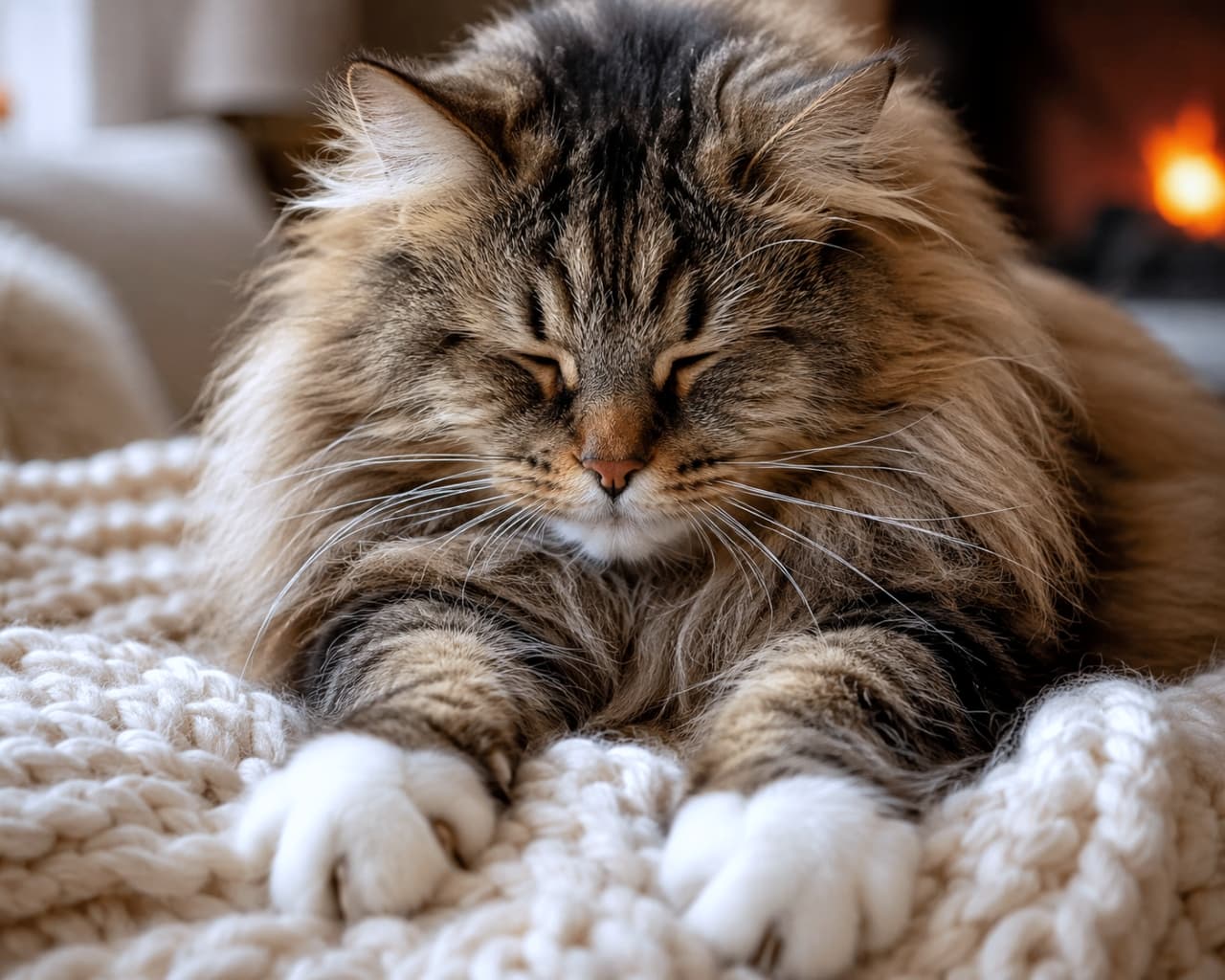 「とろけるような至福のお顔で「ふみふみ」中🐾🧶 見ているだけでポカポカ温かい気持ちになりますね🥰 #ふみふみ猫 #ノルウェージャンフォレストキャット」A highly detailed close-up video-still-like photo of an adult Norwegian Forest cat kneading a soft, chunky knit blanket with its large, tufted paws, eyes half-closed in pure bliss in a warm, comfortable atmosphere. Ultra-realistic high-quality photograph. 温かく快適な雰囲気の中、大人のノルウェージャンフォレストキャットが目を半開きにして至福の表情を浮かべ、柔らかい極太ニットのブランケットを、飾り毛のある大きな前足でふみふみしている高精細なクローズアップ写真