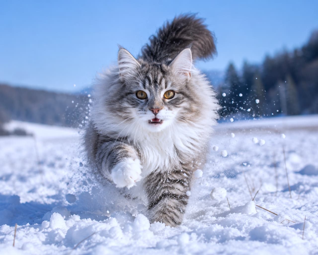 「雪原を猛ダッシュ!💨躍動感たっぷりの元気な姿に癒されます☃️ #雪と猫 #躍動感 #ノルウェージャンフォレストキャット」Ultra-realistic high-quality photograph of a Norwegian Forest Cat running energetically through a snowy field. 雪原をカメラに向かって元気に走ってくるノルウェージャンフォレストキャット
