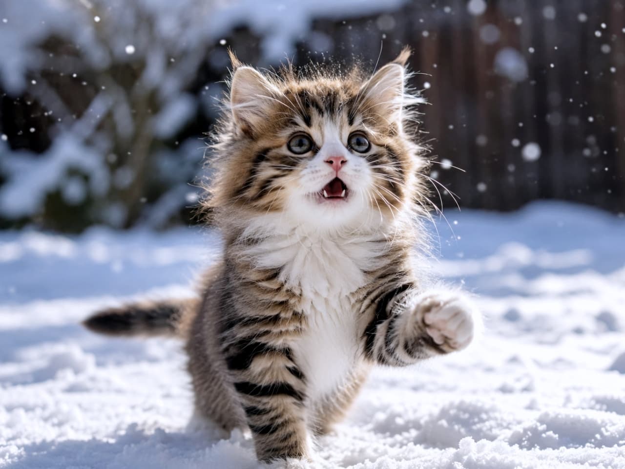 「初めての雪に大興奮!❄️🐾お外で元気いっぱいに遊ぶよ⛄️✨ #雪遊び #子猫のいる暮らし」Ultra-realistic high-quality photograph of a fluffy Norwegian Forest kitten playing joyfully in the falling snow, with one paw raised. 雪が舞う屋外で、片方の前足を上げて楽しそうに遊んでいるノルウェージャンフォレストキャットの子猫。ふわふわの毛並みに雪の結晶が光る