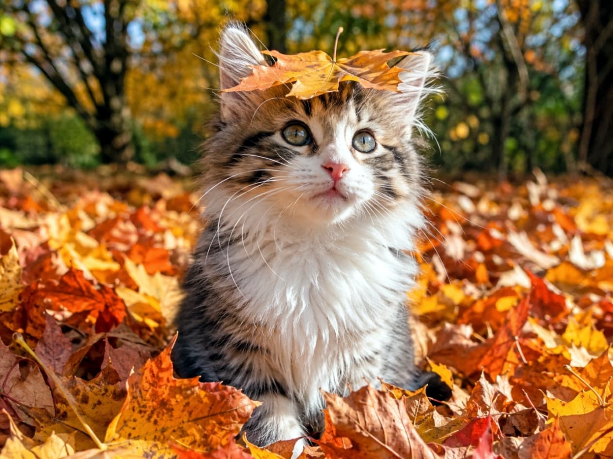 「秋の森のお姫様?🍁 頭の上の落ち葉がとってもキュートなノルウェージャンの子猫ちゃんです🐈✨ #秋 #ノルウェージャンフォレストキャット」Ultra-realistic high-quality photograph of a Norwegian Forest kitten sitting in autumn leaves with a single orange maple leaf on its head, forest background. 紅葉した落ち葉の中に座る、頭に一枚のオレンジ色のカエデの葉を乗せたノルウェージャンフォレストキャットの子猫の高画質写真。背景は秋の森