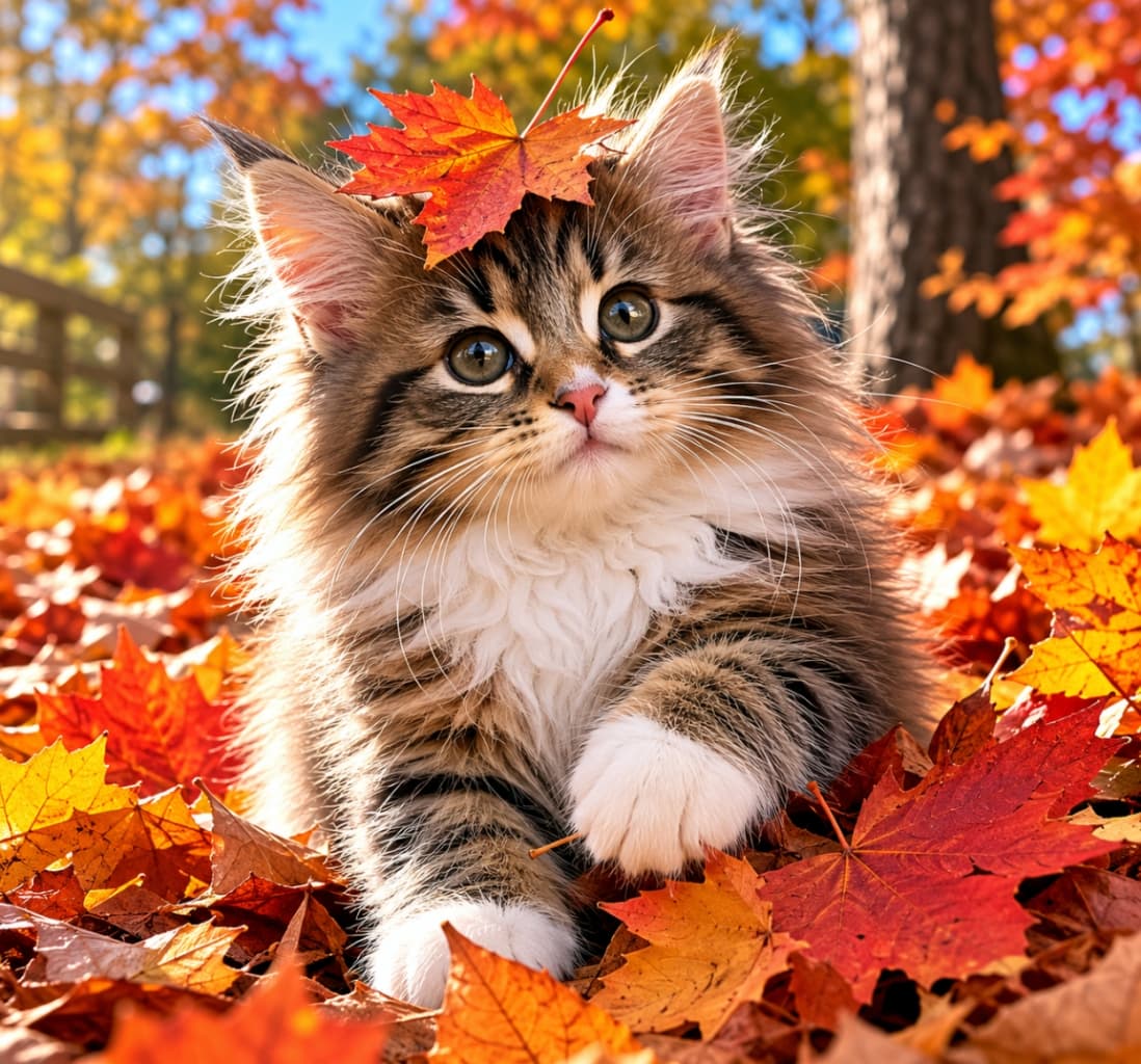 「秋の魔法にかかったみたい✨ 鮮やかな紅葉に負けないくらいキラキラな瞳にキュン😍 #秋の風景 #ノルウェージャンフォレストキャット」Ultra-realistic high-quality photograph of a cute Norwegian Forest kitten surrounded by vibrant red autumn leaves, with a maple leaf on its head, looking up with sparkling eyes. 鮮やかな赤い落ち葉に囲まれ、頭に赤いカエデの葉を乗せてキラキラした瞳でこちらを見上げるノルウェージャンフォレストキャットの子猫の高画質写真