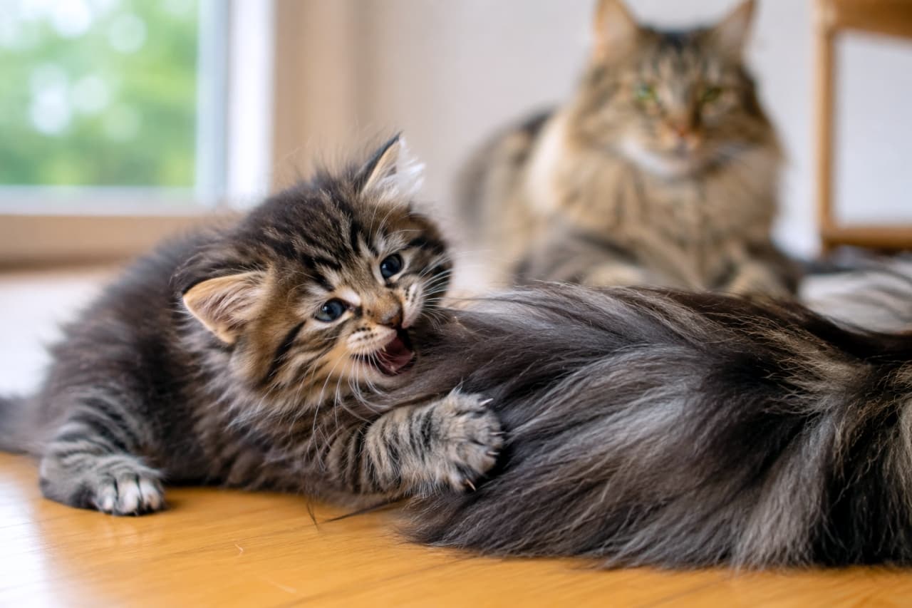 「えいっ!ママのしっぽ捕まえたニャ!🐱 遊び盛りな子猫のやんちゃな一瞬です💕 #子猫の遊び #ノルウェージャンフォレストキャット」Ultra-realistic high-quality photograph of a playful Norwegian Forest kitten biting and playing with the fluffy tail of an older Norwegian Forest cat in the background on a wooden floor. フローリングの床で、背景にいる成猫のノルウェージャンフォレストキャットのふさふさのしっぽに噛み付いて遊んでいる子猫の高画質写真