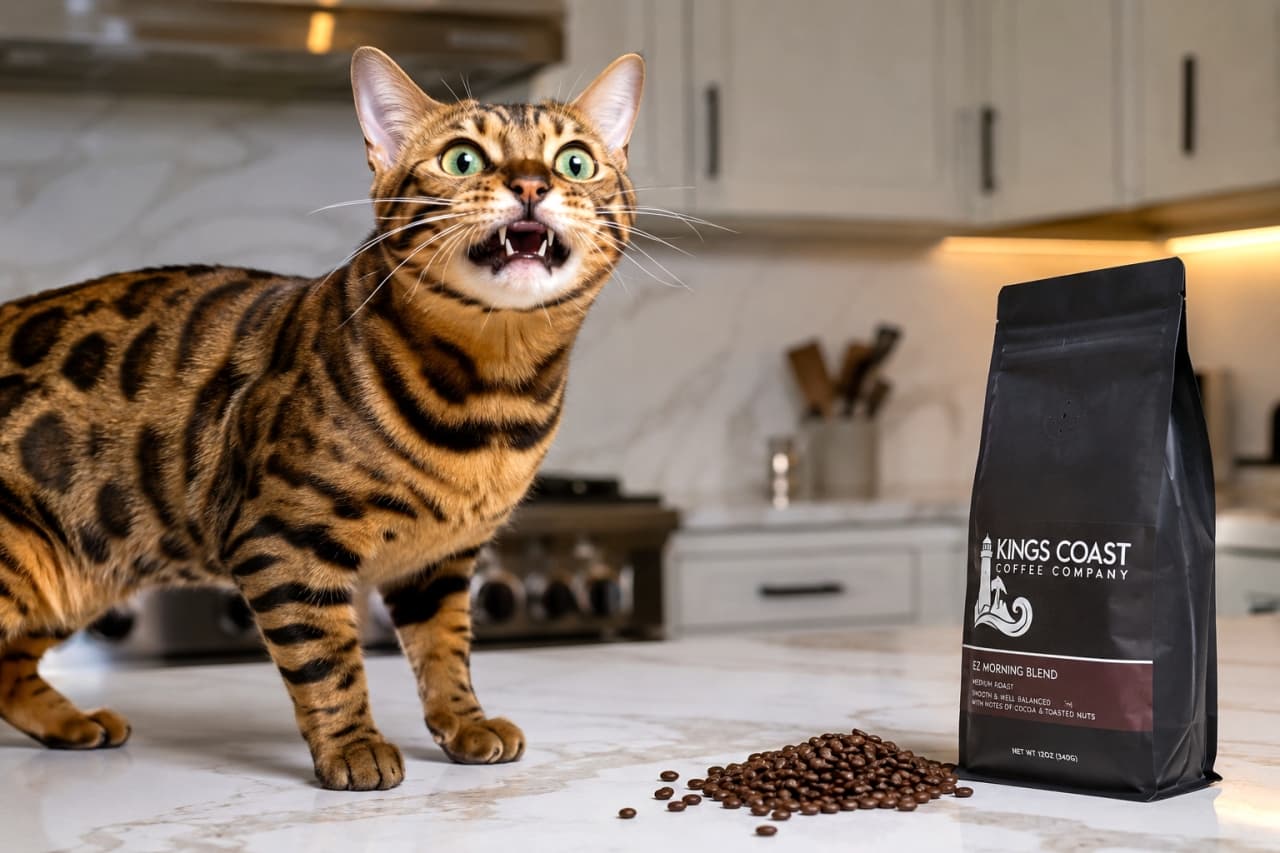 「大人の香りにビックリニャ!!☕️😳 コーヒー豆の匂いを嗅いで、お目目も鼻の穴も全開なベンガルちゃん🐆✨」Ultra-realistic high-quality photograph of a Bengal cat showing the flehmen response with wide eyes next to spilled coffee beans in a modern kitchen. おしゃれなキッチンで、こぼれたコーヒー豆とパッケージの横に立ち、目を見開いてフレーメン反応をしているベンガル猫の高画質写真
