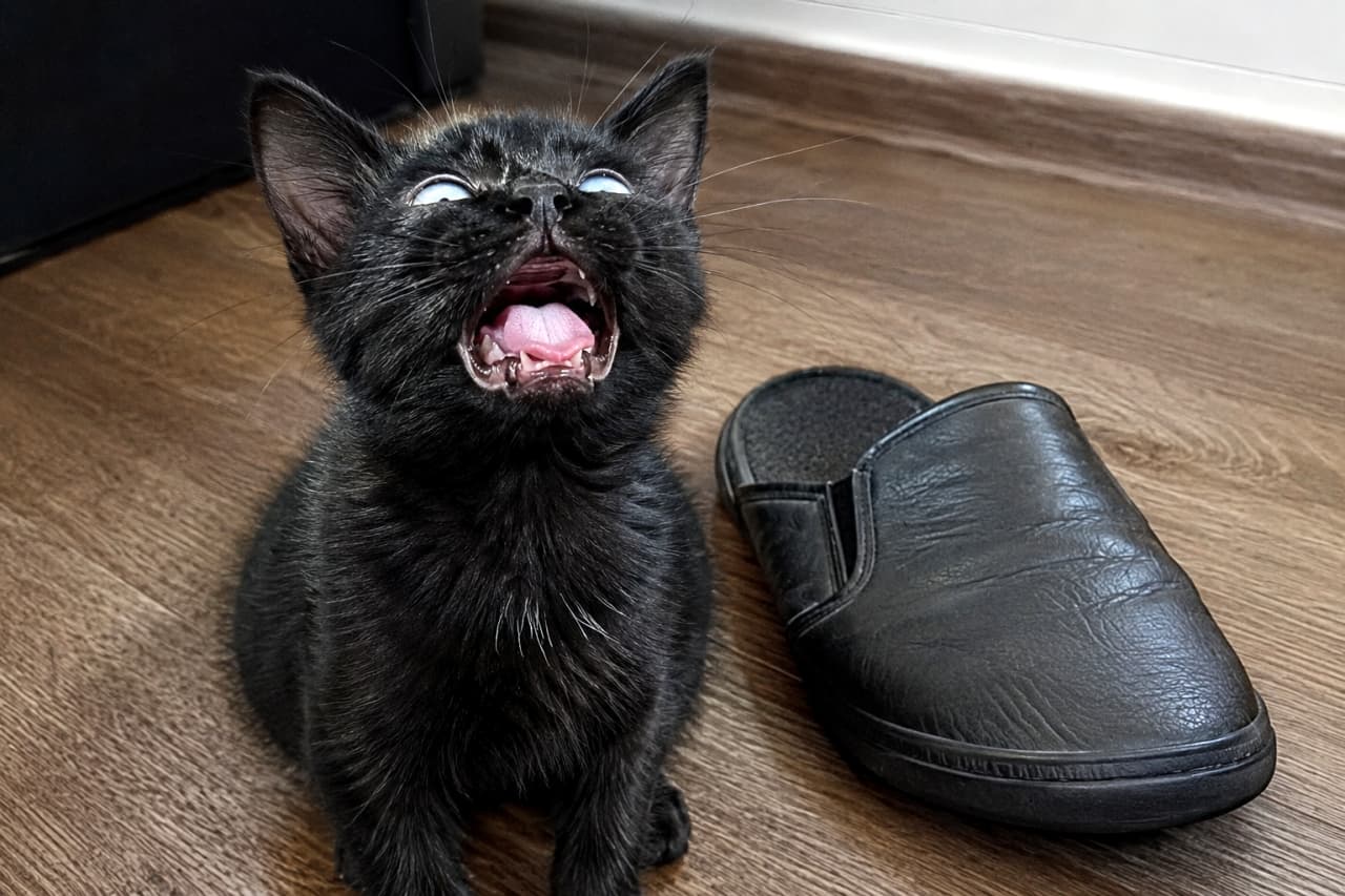 「スリッパの匂いが強烈すぎたにゃ!?🙀 衝撃の表情が面白すぎる🤣🤣 #黒猫 #子猫 #フレーメン反応」Ultra-realistic high-quality photograph of a black kitten showing a dramatic flehmen response next to a slipper. スリッパの横で上を向き激しくフレーメン反応をする黒猫のリアルな高画質写真