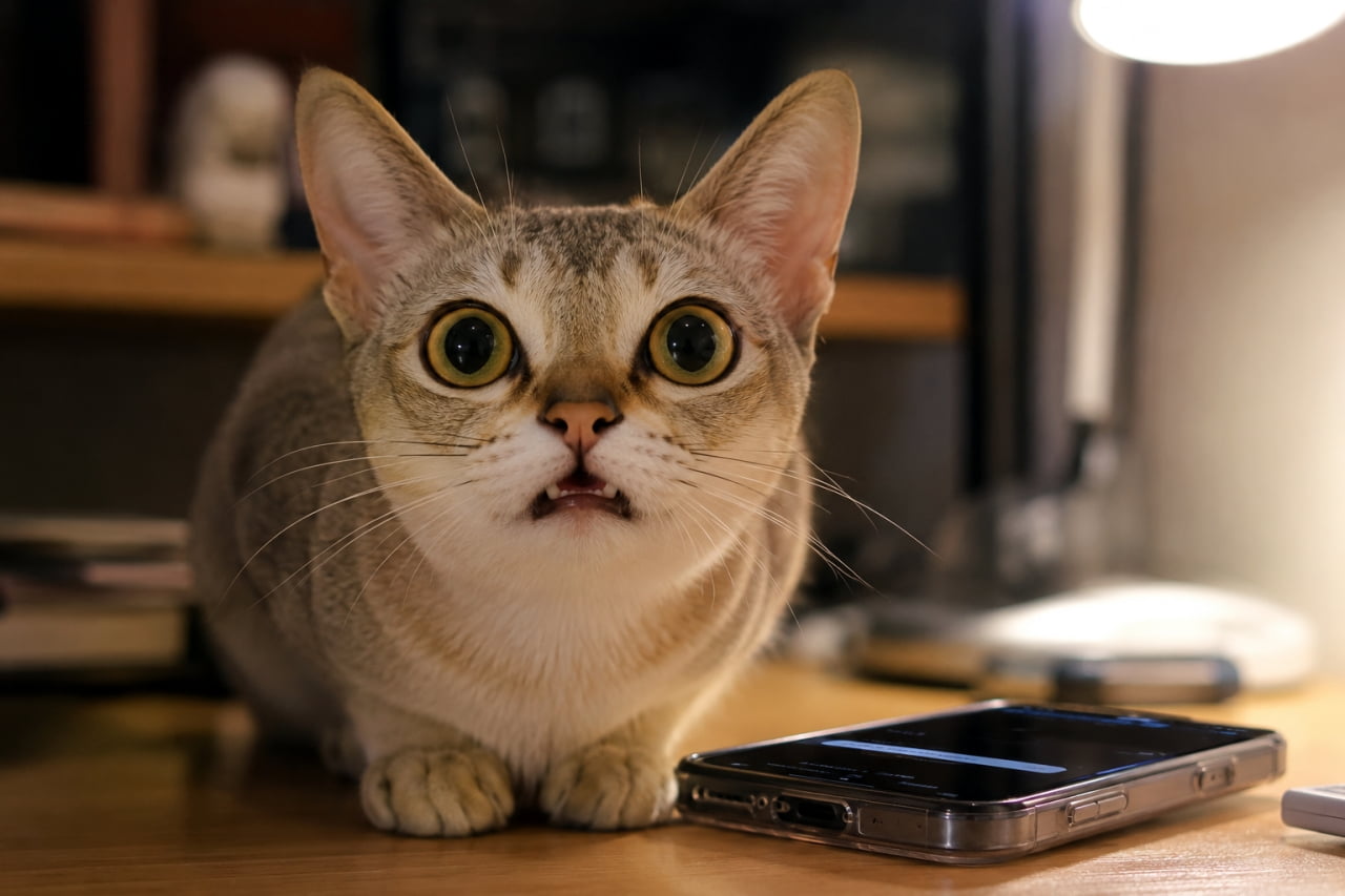 「スマホから変な匂いがした!?📱💦 デスクワーク中、こんなお顔で見つめられたら仕事に集中できません🤣」Ultra-realistic high-quality photograph of a tiny Singapura cat exhibiting the flehmen response while lying next to a smartphone on a warmly lit desk. 温かい照明に照らされたデスクの上で、スマートフォンの横に伏せながら、目を丸くして口を少し開け、フレーメン反応をしているシンガプーラの高品質写真