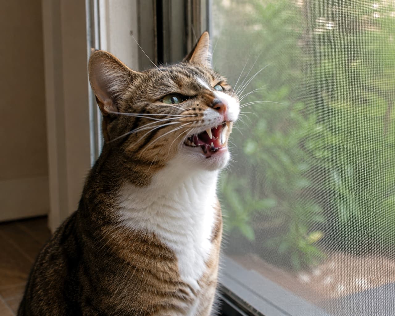 「ん?何の匂いニャ?🐈🍃 窓辺で匂いを嗅いでたら、思わずお口が開いちゃったキジトラちゃんが可愛すぎる!」Ultra-realistic high-quality photograph of a tabby cat showing the flehmen response with its mouth slightly open by a window screen, illuminated by bright natural light. 窓辺の網戸越しに外を見つめながら、口を半開きにしてフレーメン反応をしているキジトラ猫の高画質写真。明るい自然光が猫の毛並みを美しく照らしています