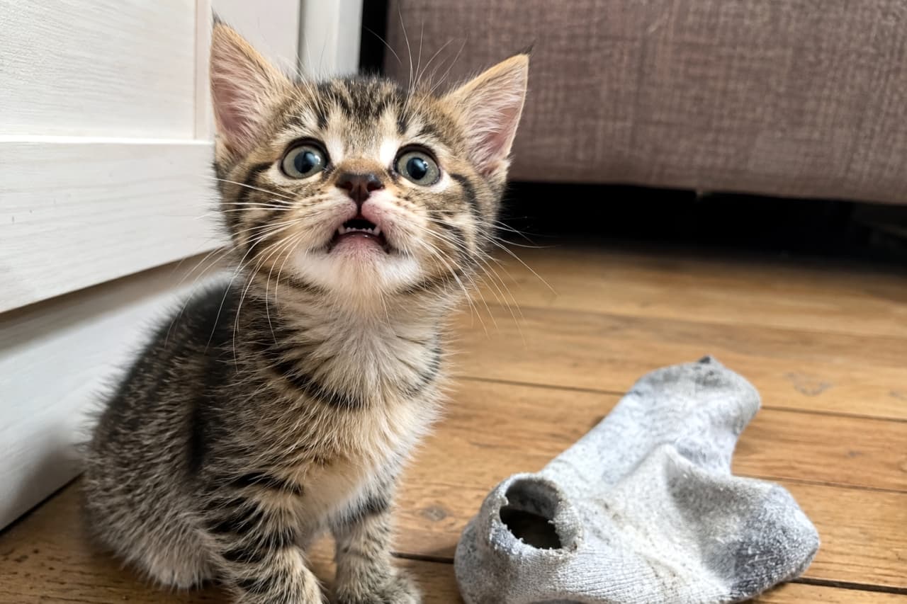 「ん?この匂いは…!?😳 くつした嗅いでお口ぽかーん😂 #キジトラ #子猫 #フレーメン反応」Ultra-realistic high-quality photograph of a tabby kitten showing the flehmen response next to an old sock. 古い靴下の横でフレーメン反応をするキジトラ子猫のリアルな高画質写真