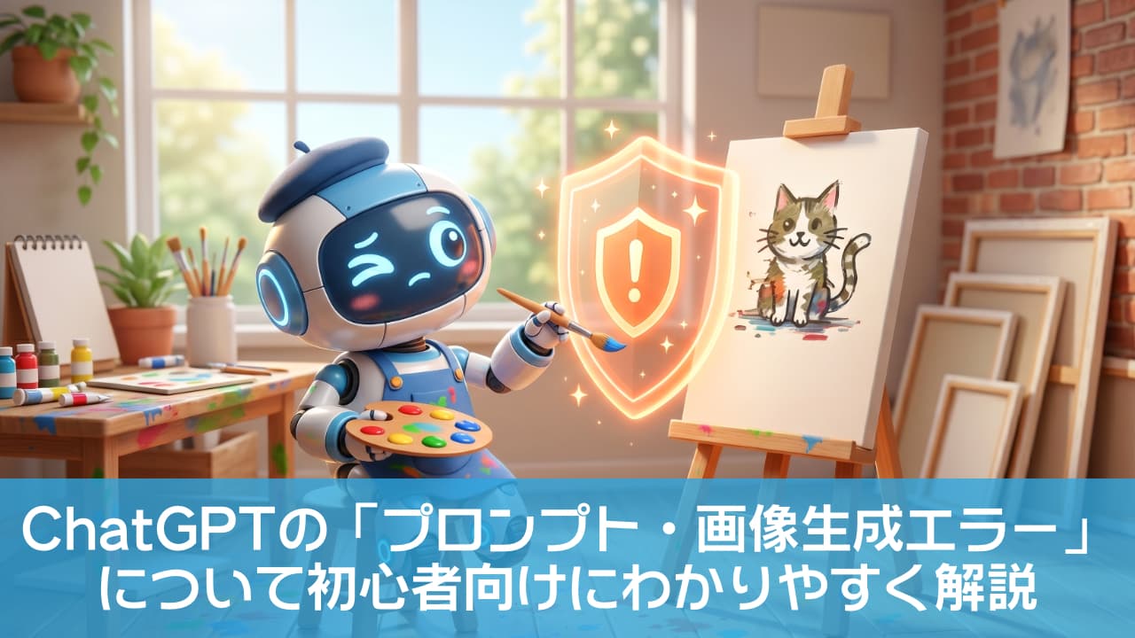 「AIも猫の可愛さには夢中！？🤖🎨 安心・安全な環境で生み出されるキュートな猫アートに癒やされて✨ #AIアート #猫のいる暮らし」Ultra-realistic high-quality photograph of a cute AI robot wearing a blue beret and overalls, painting a calico cat on a canvas supported by a wooden easel. A glowing orange holographic security shield icon floats between the robot and the canvas. The background is a bright, sunlit art studio with paints and houseplants. ベレー帽を被り、青いオーバーオールを着た可愛らしいAIロボットが、木製のイーゼルに立てられたキャンバスに三毛猫の絵を筆で描いている様子。ロボットとキャンバスの間にはオレンジ色に光るホログラムのセキュリティシールドアイコンが浮かび上がっている。背景は日差しの差し込む明るいアトリエで、絵の具や観葉植物が配置されている