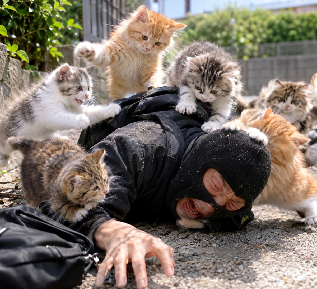 「うちの警備隊は最強ニャ!泥棒だって怖くないもん🐈💨子猫パワーに、大人もたじたじ💦 #猫警備隊 #勇敢 #子猫あるある #面白画像」AUltra-realistic high-quality photograph on a sunny street. At least six energetic mixed-breed kittens are simultaneously attacking a man (playing the role of a burglar) who is lying face down on the asphalt in a black ski mask with a pained expression. Kittens including orange tabby, brown tabby, orange-and-white tabby, and brown-and-white tabby are clinging to and batting at the man's head, back, and waist. The background shows a stone wall with vibrant green leaves and distant buildings under natural light. The kinetic fur texture and the man's clothing texture are clearly rendered. 晴れた日の屋外のアスファルトの上で、黒い目出し帽を被り苦悶の表情で倒れ込む男性(泥棒)に、少なくとも6匹の雑種の子猫たちが一斉に乗っかっている、超リアルな写真。手前から茶トラ、キジトラ、白茶タビー、キジ白の子猫たちが、男性の頭部、背中、腰に手をかけ、叩いたり引っ掻いたりするような仕草を見せている。背景には石垣と鮮やかな緑の葉、遠くに建物が見え、自然光が当たっている。子猫たちの躍動感のある毛並みと男性の服の質感が克明に描写されている