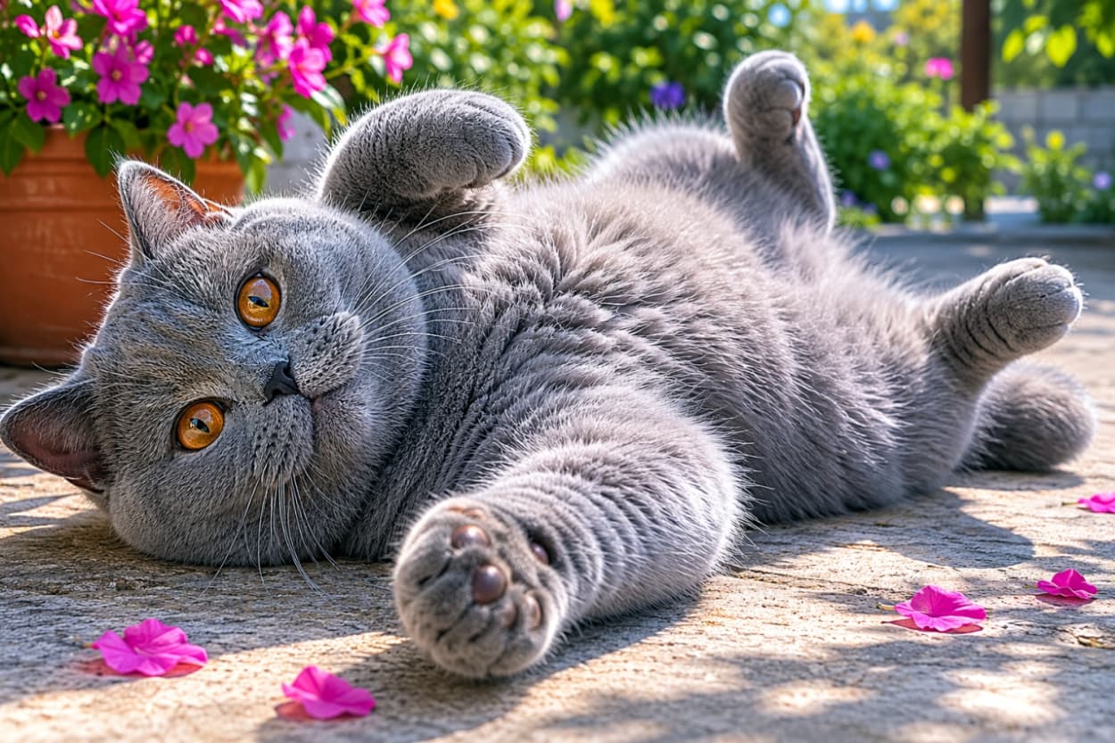 「ぽかぽか陽気で思わずごろんニャ🐈🌸 ピンクのお花とグレーのモフモフお腹の組み合わせが最高にキュート！」Ultra-realistic high-quality photograph of a British Shorthair lying belly up on a stone path in a sunny garden with scattered pink petals. 春の庭の石畳で仰向けになるブリティッシュショートヘア。散るピンクの花びらと暖かな陽射しが美しい高画質画像