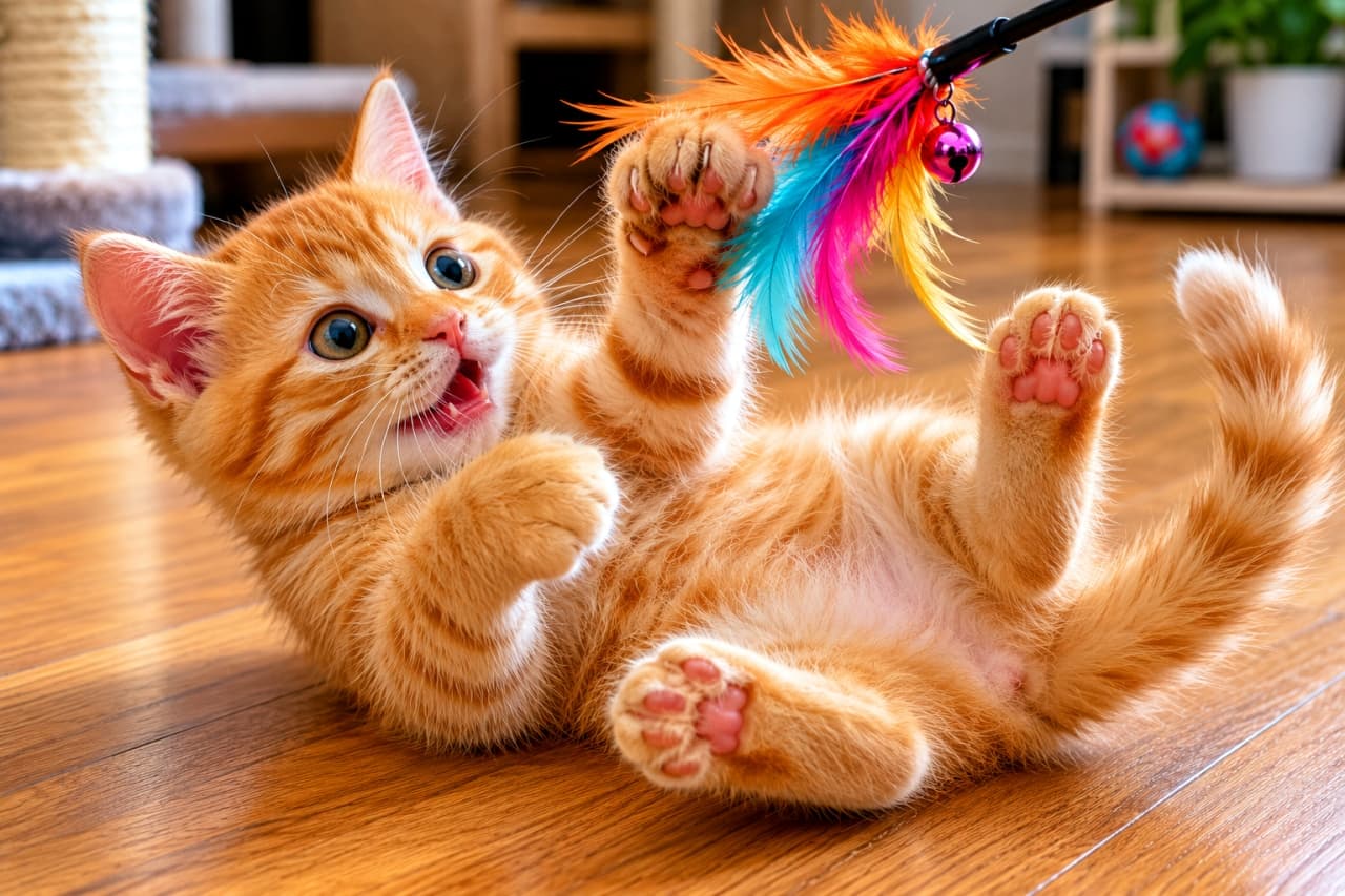 「捕まえるにゃー！😼✨カラフルなおもちゃに大興奮の茶トラちゃん、元気いっぱいです🌈🐾」Ultra-realistic high-quality photograph of a ginger kitten lying on its back on a wooden floor, playfully batting at a colorful feather toy. It looks joyful with shining eyes and an open mouth. フローリングの床で仰向けになり、カラフルな羽のおもちゃにじゃれつく茶トラの子猫の高画質写真。目を輝かせ、口を大きく開けてとても楽しそうに遊んでいる躍動感のある一枚