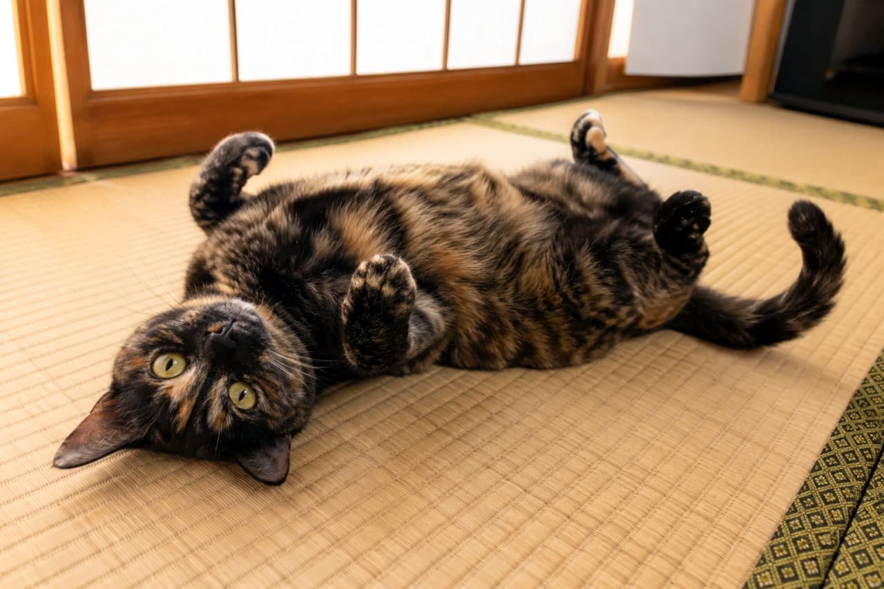 「畳の上でゴロン🐾和室でリラックスモード全開のサビ猫ちゃんです✨」Ultra-realistic high-quality photograph of a tortoiseshell cat lying on its back on a tatami mat in a Japanese room. 和室の畳の上で仰向けに寝転がるサビ猫の高画質写真