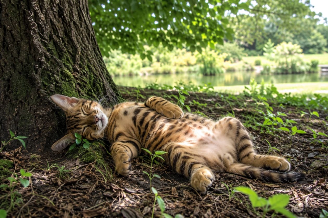 「大自然のベッドでお昼寝🌳木漏れ日の中で夢を見るトイガー子猫ちゃん🍃」Ultra-realistic high-quality photograph of a Toyger kitten sleeping on its back under a tree in a park. 緑豊かな公園の木陰で、仰向けに眠るトイガーの子猫の高画質写真