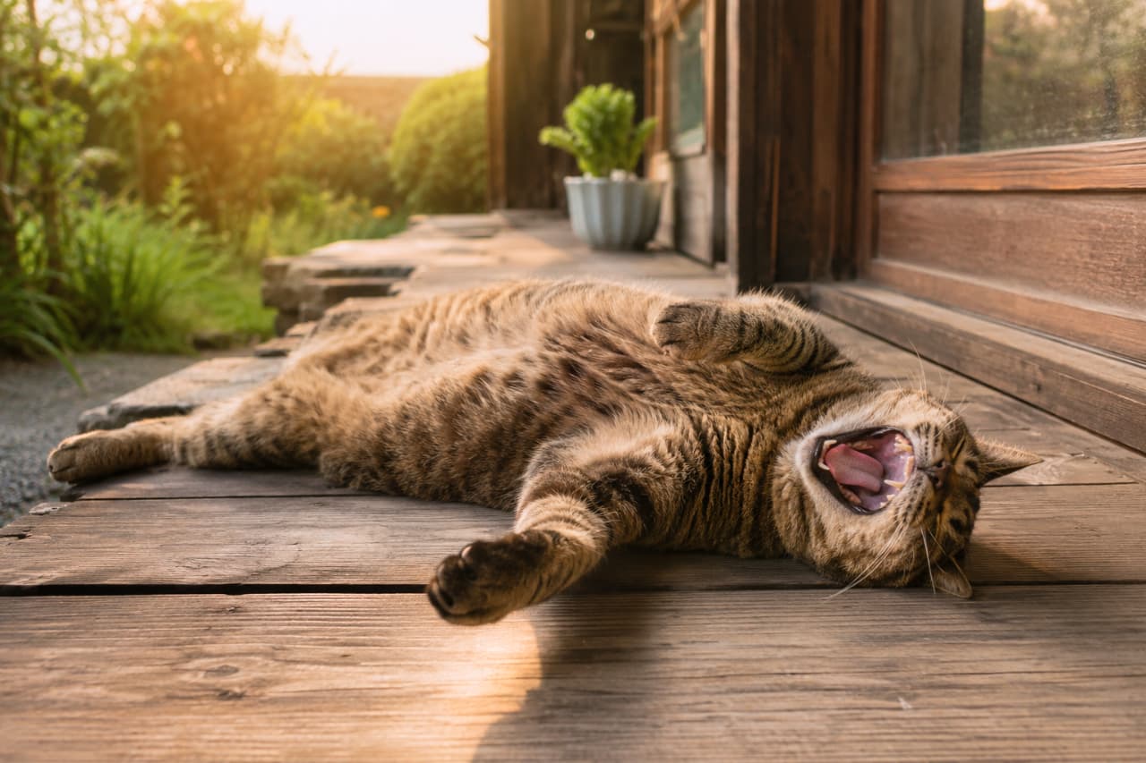 「ふぁ〜あ、今日はもう閉店ニャ🥱🐾ぽかぽかの縁側と猫の最強コンボで、日々の疲れも吹き飛びますね！🍵」Ultra-realistic high-quality photograph of a relaxed brown tabby cat lying on its back and yawning widely on an old wooden porch, bathed in the warm, golden light of late afternoon. 暖かな夕日が差し込む古い日本家屋の木の縁側で、仰向けになって無防備に大あくびをするキジトラ猫。大きく開けた口の中のザラザラした舌や鋭い牙、リラックスしきったぽっちゃり気味のお腹の柔らかい毛並みが、ノスタルジックな光の中で捉えられています