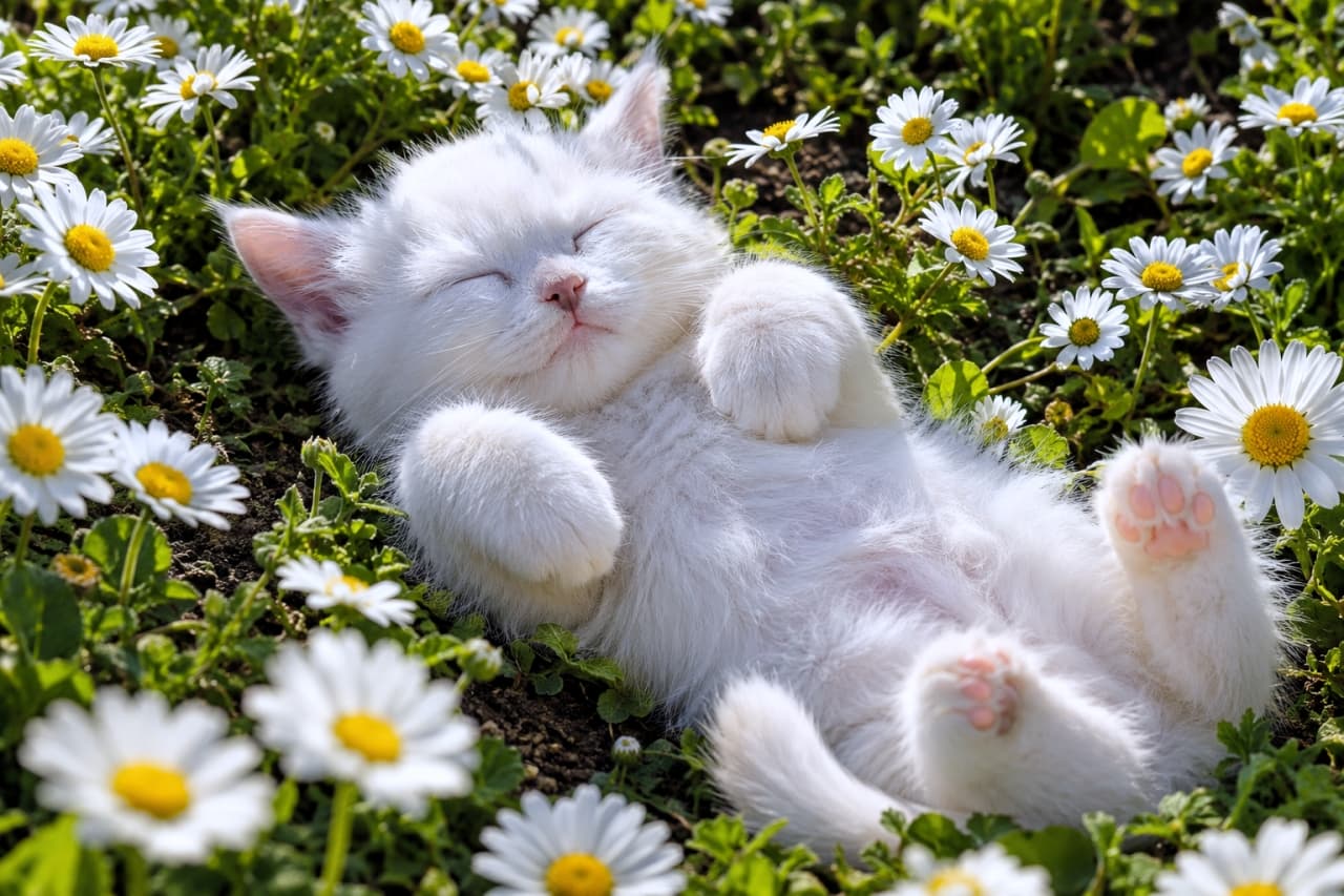「お花畑でお昼寝タイム💤 どんな素敵な夢を見ているのかな？ピンクの肉球が可愛すぎるっ🌸🐾」Ultra-realistic high-quality photograph of a white kitten sleeping belly up in a field of daisies, showing pink paw pads in soft sunlight. ヒナギクが咲く野原で仰向けになって眠る白い子猫。ピンクの肉球と柔らかな日差しが特徴的な高画質画像