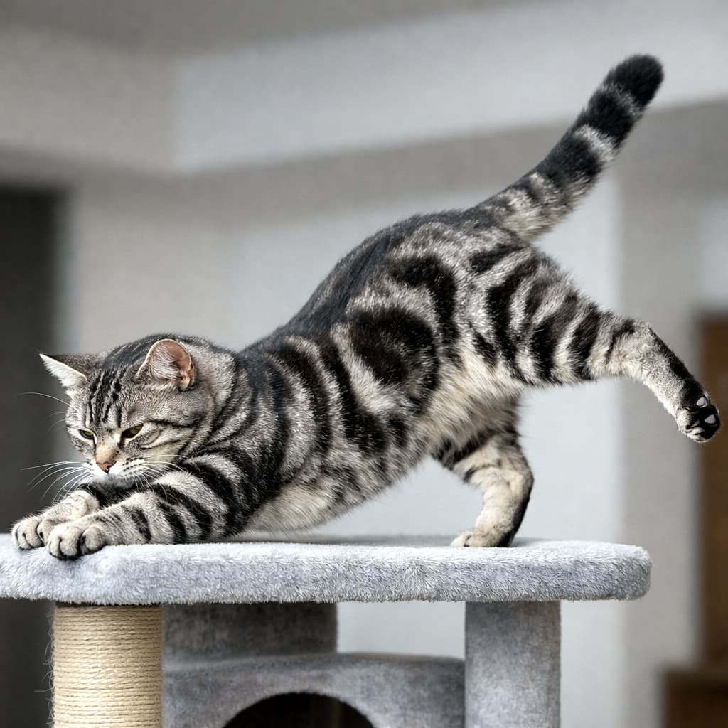 「ヨガの達人現る！？🐾 キャットタワーの上で、極上の美脚（？）ストレッチを披露するアメショちゃん🐈✨」Ultra-realistic high-quality photograph of an American Shorthair cat with a beautiful silver tabby coat, dynamically stretching on a gray cat tower. The cat extends its front paws forward, raises its hips, and stretches one hind leg straight back into the air, showcasing its cute black paw pads against a softly blurred background. グレーのキャットタワーの上で、前脚を前に力強く伸ばし、お尻を高く上げて左の後ろ脚をピンと空中に伸ばしてストレッチするアメリカンショートヘアの描写。美しいシルバータビーの渦巻き模様（クラシックタビー）の被毛と、真剣な表情、黒い肉球が印象的で、背景は柔らかくぼかされています