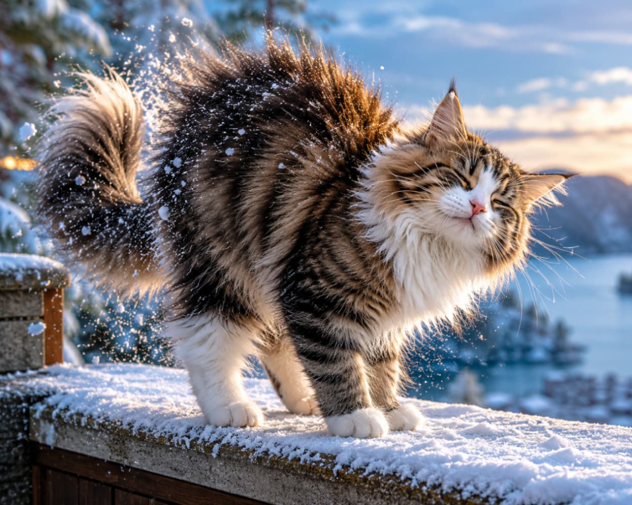「ブルブルッ！❄️雪なんてへっちゃらだにゃ🐾躍動感あふれる冬の一コマ📸 #ノルウェージャンフォレストキャット #雪遊び」Ultra-realistic high-quality photograph of a Norwegian Forest Cat kitten shaking off snow outdoors in a winter landscape, backlit fur and flying snowflakes captured in dynamic motion. 雪の積もった冬の屋外で、体を激しく震わせて被毛についた雪を払うノルウェージャンフォレストキャットの子猫。逆光に透けて黄金色に輝くふさふさの毛並みと、空中に舞い散る雪の粒がダイナミックに捉えられています