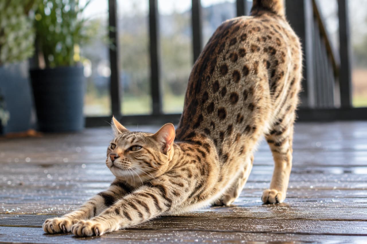 「朝の光を浴びて、準備運動はバッチリ！🐆✨オシキャットさんならではの美しいスポット模様としなやかなボディに惚れ惚れします💕 #オシキャット #朝のルーティン」Ultra-realistic high-quality photograph of a young Ocicat performing a dynamic downward stretch on a wooden deck. The morning sunlight beautifully highlights its wild rosette patterns and muscular physique, set against a smoothly blurred background with an elegant bokeh effect. 木のぬくもりを感じるウッドデッキの上で、お尻を高く上げてダイナミックに前足を伸ばすオシキャットの若猫の描写。朝の光が野性的なロゼット模様（ヒョウ柄）としなやかな筋肉を美しく浮かび上がらせ、キラキラと輝く背景のボケ感がドラマチックな雰囲気を演出しています
