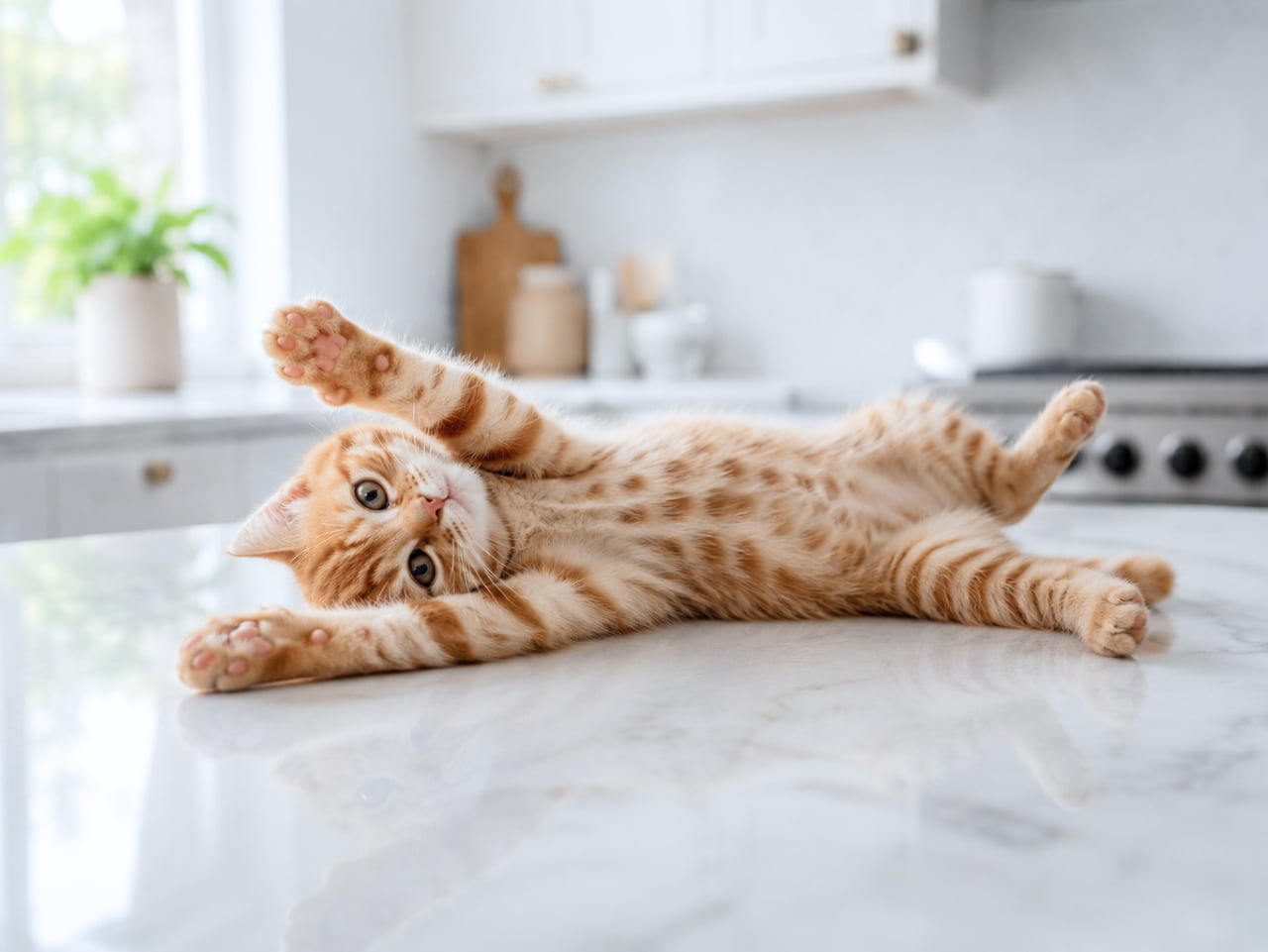 「キッチンで発見！最高に無防備な「へそ天」状態の茶トラちゃんを発見しました🚨🐾 ピンクの肉球がたまらん…！お料理のお手伝い、してくれるのかな？🍳💛 #茶トラ子猫 #へそ天 #肉球」Ultra-realistic high-quality photograph of a playful red tabby kitten lying completely on its back (belly up) on a white marble kitchen counter in a bright, clean, sunlit kitchen. The kitten has its paws thrown in the air in a carefree stretch and looks innocently at the camera with big round eyes, perfectly relaxed. 自然光が入る白を基調とした明るく清潔なキッチンの大理石風カウンターの上で、完全に仰向け（へそ天）になって寝転がっているレッドタビー（茶トラ）の子猫。両前足と後ろ足を空に向かってバンザイするように投げ出し、まん丸な瞳で無邪気にカメラを見つめる、リラックスしきった愛らしい姿