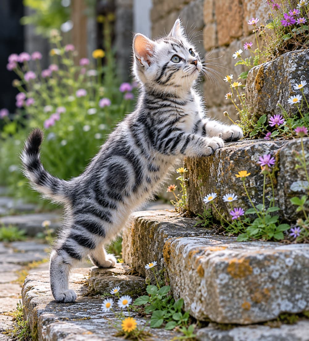 「お外には不思議がいっぱい！🐾お花畑の石段を元気に探検するアメショの子猫ちゃんにキュンとしちゃいます🌷✨ #子猫 #お散歩猫」Ultra-realistic high-quality photograph of an adventurous silver tabby American Shorthair kitten standing on its hind legs on mossy stone steps. Surrounded by dainty purple and yellow wildflowers, the kitten gazes upward with bright, curious eyes in warm, natural sunlight. 可憐な紫や黄色の小花が咲く苔むした石段に前足をかけ、上を向いて好奇心旺盛に立ち上がるアメリカンショートヘア（シルバータビー）の子猫の描写。くっきりとした黒と銀の縞模様、ピンと立った尻尾、キラキラと輝く大きな瞳が、春の暖かな日差しの中で生き生きと捉えられています