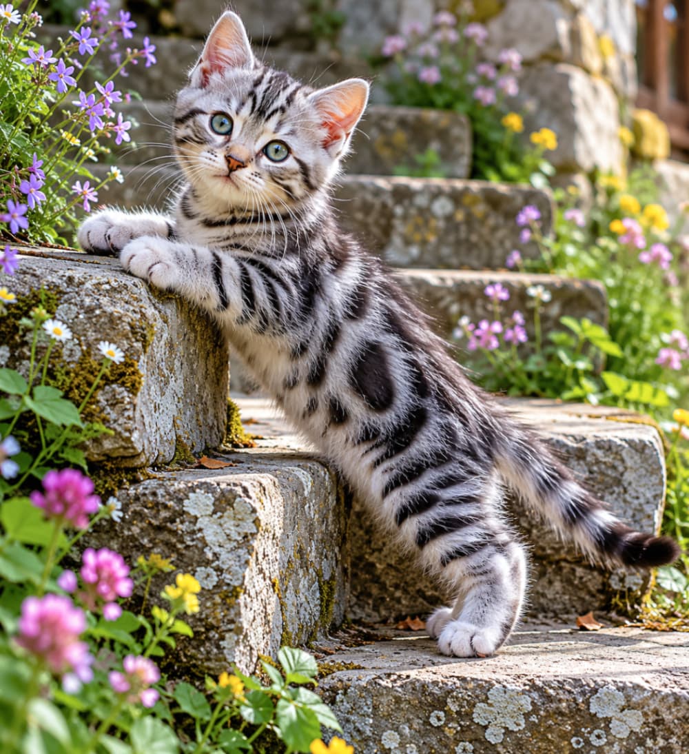 「「ん？呼んだ？」と振り返るお顔がたまらない！💕お花と子猫の組み合わせは、最高の癒やしですね🌸 #アメショ #猫好きさんと繋がりたい」Ultra-realistic high-quality photograph of a cute silver tabby kitten resting its front paws on a rustic stone step and looking back directly at the camera. Beautiful emerald green eyes and striking coat patterns are perfectly captured among vibrant spring wildflowers in soft daylight. 色鮮やかな春の花々が咲き乱れる石段の途中で、前足を上の段にのせながらこちらを振り返るシルバータビー（アメリカンショートヘア）の子猫の描写。美しいエメラルドグリーンの瞳と、ふっくらとしたマズル、緻密な被毛の質感が自然光の中で極めてクリアに表現されています