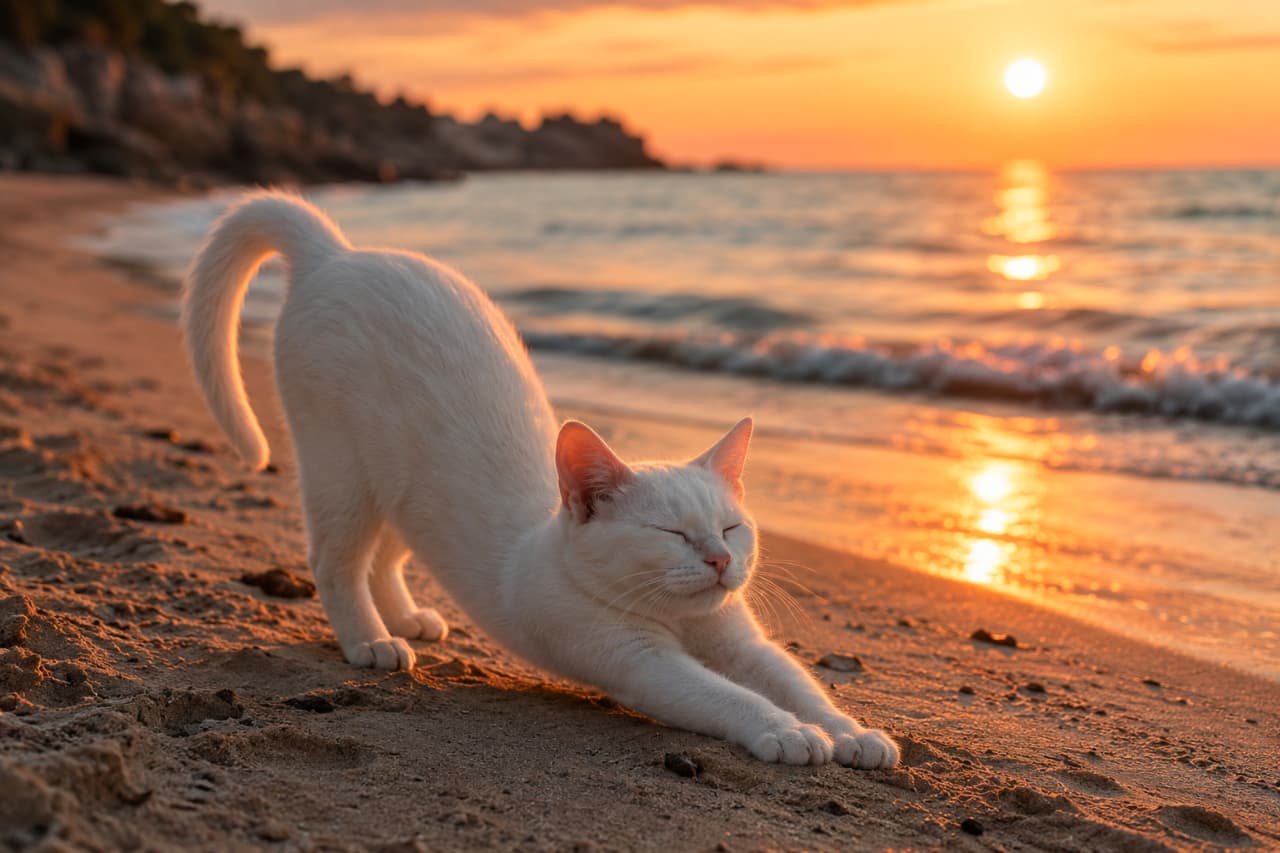 「夕焼けの海辺で波音を聞きながらヨガポーズ🌅🐈心も体もリラックス…✨ #白猫 #エモい写真」Ultra-realistic high-quality photograph of a pure white cat doing a downward-dog stretch on a sandy beach during a beautiful golden sunset, soft fur glowing with orange backlight, eyes closed peacefully. 黄金色に輝く夕日と穏やかな波打ち際を背景に、砂浜で前足を伸ばして優雅にストレッチをする純白の猫。夕日に照らされてオレンジ色に染まる柔らかな被毛の輪郭や、目を閉じた穏やかな表情が美しく幻想的です