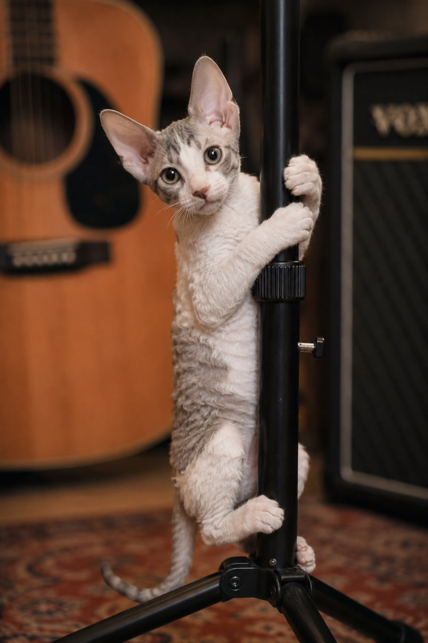 「次回のライブはボクがボーカルを弾き語るにゃ!🎸マイクチェック中のコーニッシュレックスちゃんに拍手喝采大喝采👏 #音楽と猫 #子猫のいる暮らし」Ultra-realistic high-quality photograph of a Cornish Rex kitten with distinct wavy silver tabby fur and large ears, playfully climbing a black microphone stand. In the blurred background, an acoustic guitar and a VOX amplifier create a studio atmosphere. The side lighting beautifully highlights the unique texture of its curly coat. 特徴的な大きな耳と、さざ波のような美しい巻き毛(シルバータビー&ホワイト)を持つコーニッシュレックスの子猫。黒いマイクスタンドのポールに両手両足でしがみつき、カメラをじっと見つめているユニークなポーズ。背景にはアコースティックギターやVOXのアンプがドラマチックにぼかされており、音楽スタジオのような雰囲気の中、柔らかな光が猫の巻き毛を捉えている