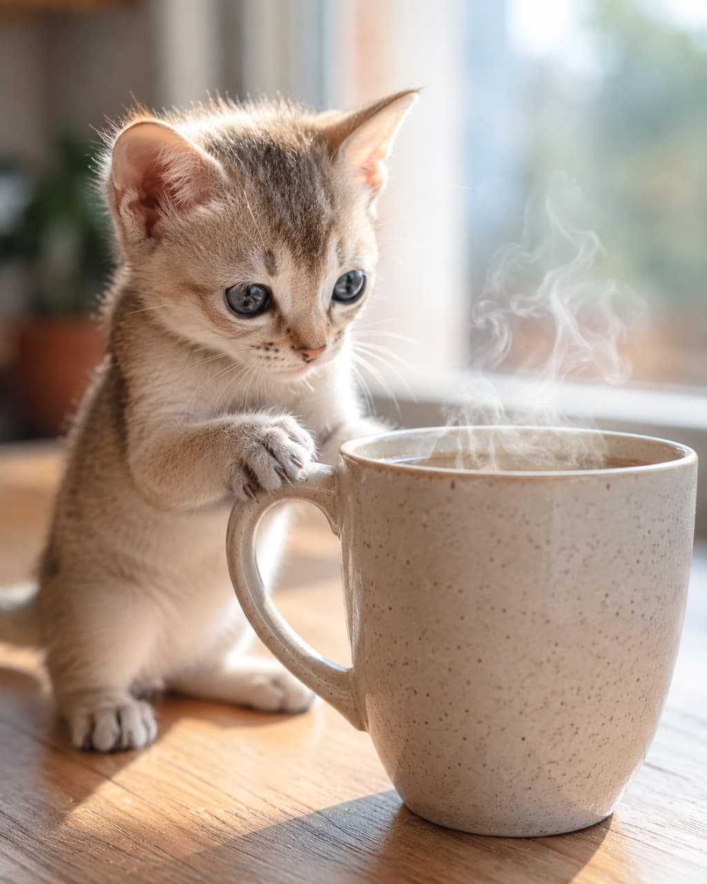 「「いい匂いがするニャ〜」☕️🐱 一緒にまったり朝のコーヒータイムはいかが?ホッと癒やされる瞬間✨ #朝の風景 #シンガプーラ」Ultra-realistic high-quality photograph of a curious Singapura kitten with ivory ticked tabby fur, standing on its hind legs on a wooden table, resting its front paws on the rim of a large beige steaming mug to look inside. The kitten has large, adorable almond-shaped dark eyes. Diagonal morning sunlight from a window beautifully illuminates the steam, creating a warm and peaceful morning atmosphere. 象牙色に細かなティックドタビーが入ったシンガプーラ種の子猫が、木製のテーブルの上で後ろ足で立ち上がり、湯気の立つ大きなベージュのマグカップの縁に両前足をかけて中を覗き込んでいる様子。大きなアーモンド型の黒目がちな瞳が愛らしい。窓から差し込む斜めの朝日が湯気を美しく照らし、温かく穏やかな朝の空気感を演出している