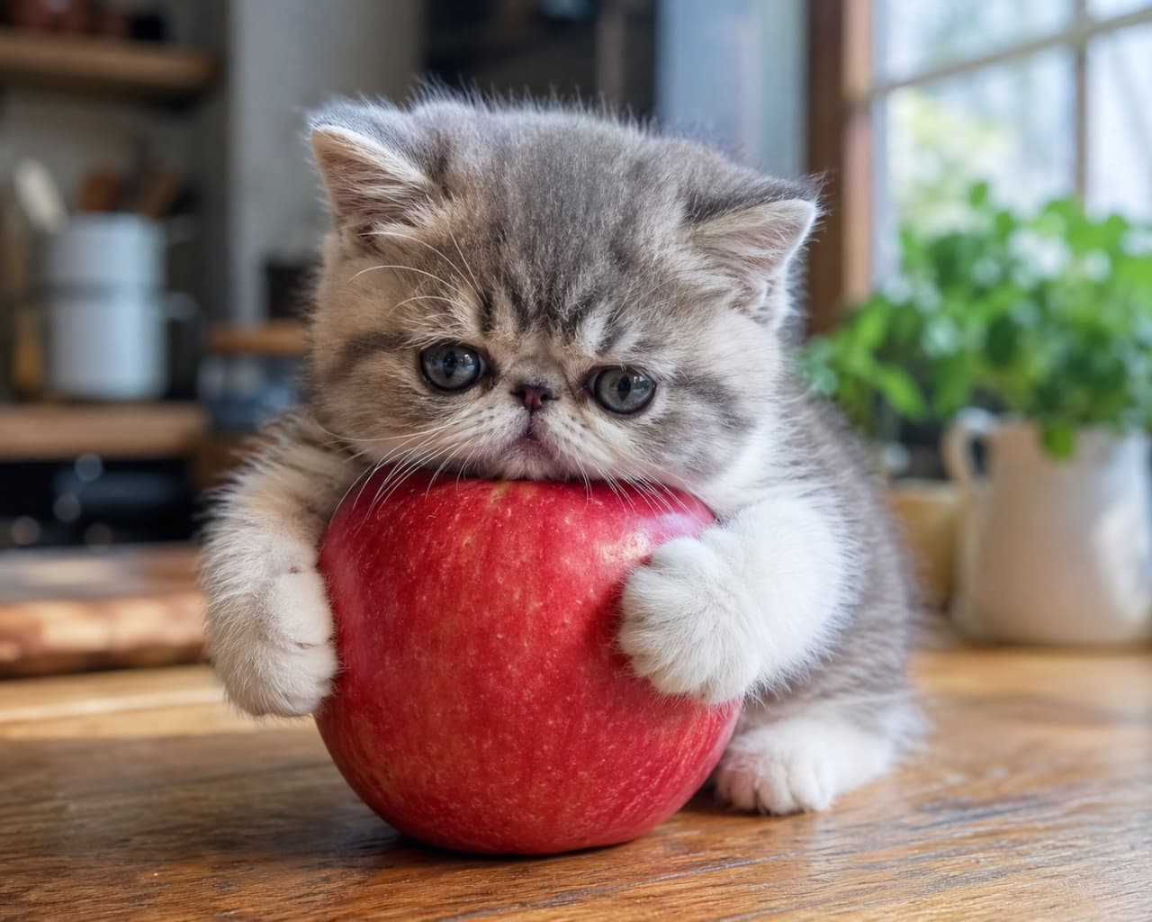 「このリンゴは絶対に誰にもあげにゃい!🍎美味しそうな果実をがっちりキープするエキゾチックちゃんの手が尊い…🥺 #ぶさかわ猫 #子猫のいる暮らし」Ultra-realistic high-quality photograph of an adorable Exotic Shorthair kitten with round eyes and a flat face, tightly clutching a large glossy red apple on a wooden countertop. The contrast between its silver tabby and white fur and the bright red apple creates a striking visual, with a blurry bright kitchen in the background. 木目のテーブルの上で、自身の顔ほどもある大きな真っ赤なリンゴを白い前足でむぎゅっと挟み込み、あごを乗せているエキゾチックショートヘアの子猫。シルバータビー&ホワイトのふんわりとした被毛と、少し困ったような、愛嬌のある潰れたお顔(ぶさかわ)の丸い瞳が印象的。背景のキッチンには観葉植物の緑が柔らかくボケて写り、爽やかな光が差し込んでいる