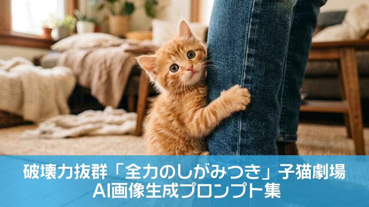 「もう、離さないんだからっ！🥺💕 一生懸命にしがみつく茶トラ子猫ちゃんの、この表情にメロメロ！✨ #猫のいる暮らし #子猫 #茶トラ #しがみつき猫」Ultra-realistic high-quality photograph of a vibrant red classic tabby kitten clutching onto a person's jeans leg with all four paws in an earnest climbing pose. The kitten has large, round, green-gold eyes looking directly at the camera with an endearing, upward gaze. The background is a warm-toned living room featuring a jute rug, wooden floor, houseplants, a sofa, and knit blankets bathed in natural window light. Detailed textures of the kitten's fur and the denim are evident. A low-angle shot from a human perspective. ジーンズを履いた人の脚に、小さな前脚と後脚ですっかりとしがみつく、鮮やかなレッドクラシックタビー（茶トラ）の子猫の超高画質写真。子猫はくりくりの大きな緑がかった黄色い目でカメラを上目遣いで見つめており、愛らしい表情。背景は温かみのあるリビングルームで、ジュートのラグ、木製の床、植物、ソファ、ニットのブランケットが自然光に照らされている。毛並みやジーンズの繊維までリアル。ローアングルからの構図