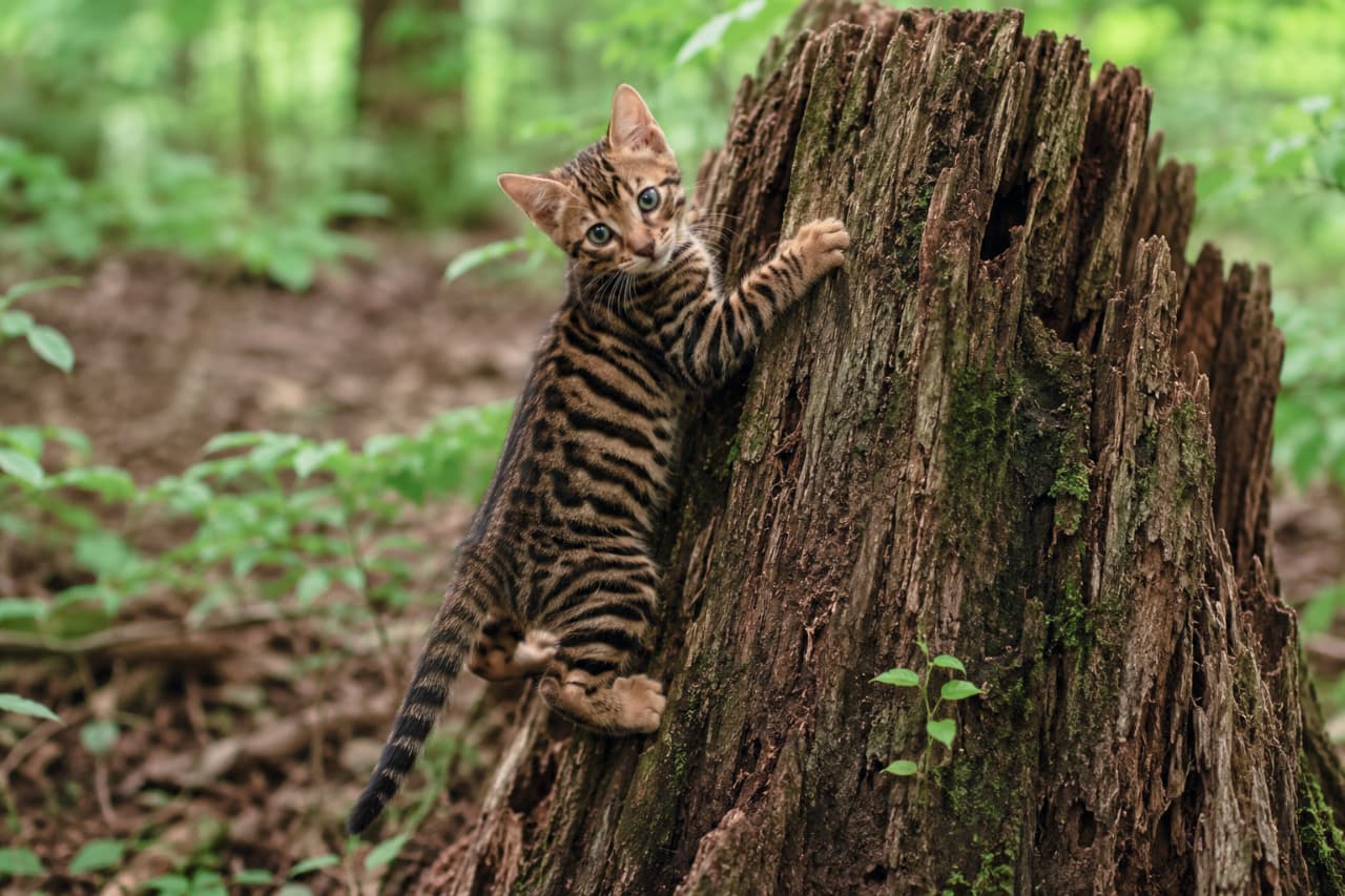 「小さな森の王者、参上!🐅🌳野生のトラのような美しい模様のトイガーちゃん、冒険心いっぱいでかっこいい✨ #トイガー #ベンガル猫 #猫の冒険」Ultra-realistic high-quality photograph of a Toyger kitten boldly climbing a mossy tree stump in a lush forest. The kitten's striking orange and black tiger-like stripes and intense, wild yet adorable gaze are perfectly captured amidst the vibrant green foliage. 深い森の中で、苔むした古い木の切り株に力強くよじ登っているトイガーの子猫の超高画質写真。まるで小さなトラのような鮮やかでくっきりとしたオレンジと黒のストライプ模様が美しく、野生味と可愛らしさが同居する鋭い眼差しでこちらを見つめています。周囲の豊かな緑の葉が、自然の生命力を強調しています
