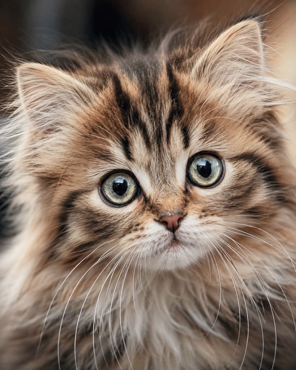 Ultra-realistic high-quality macro photograph of a fluffy brown tabby kitten's face, showcasing its deep olive-green eyes, pink nose, crisp white whiskers, and the intricate, soft texture of its fur in stunning detail. 画面いっぱいに広がる、長毛のキジトラ(ブラウンマッカレルタビー)子猫の顔の超クローズアップ写真。深いオリーブグリーンの澄んだ瞳、ピンク色の小さな鼻、ピンと張った白いヒゲ、そして1本1本の毛の質感までリアルに捉えられた被毛が、生命力と圧倒的な存在感を伝えています