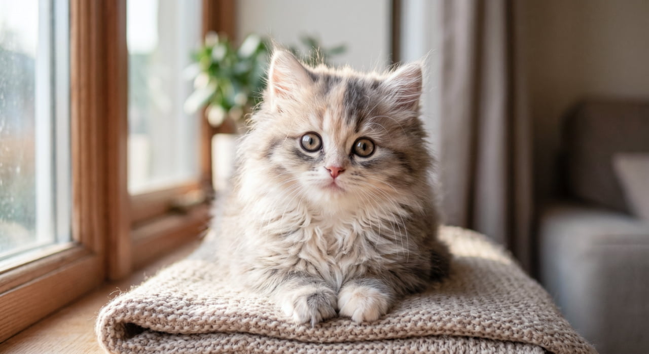 「じーっと見つめ合っちゃう?🥺窓辺の特等席でおすまし顔のふわふわ子猫ちゃんです💕 #子猫 #長毛猫 #癒やし #猫好き」Ultra-realistic high-quality photograph of a fluffy dilute calico kitten looking directly forward from a knit blanket on a windowsill. This close-up shot emphasizes its large, round brown eyes and neatly placed front paws. Soft natural light filters through the window, with a blurred houseplant in the background, captured in sharp detail. 窓辺のニットブランケットの上で、カメラを正面から見つめる長毛種の三毛(ダイリュートキャリコ)の子猫のクローズアップ写真。丸く大きなブラウンの瞳が印象的で、前脚をきれいに揃えて座っている。背景の窓からは柔らかな自然光が差し込み、観葉植物が優しくぼやけている。被毛の1本1本まで鮮明な高画質