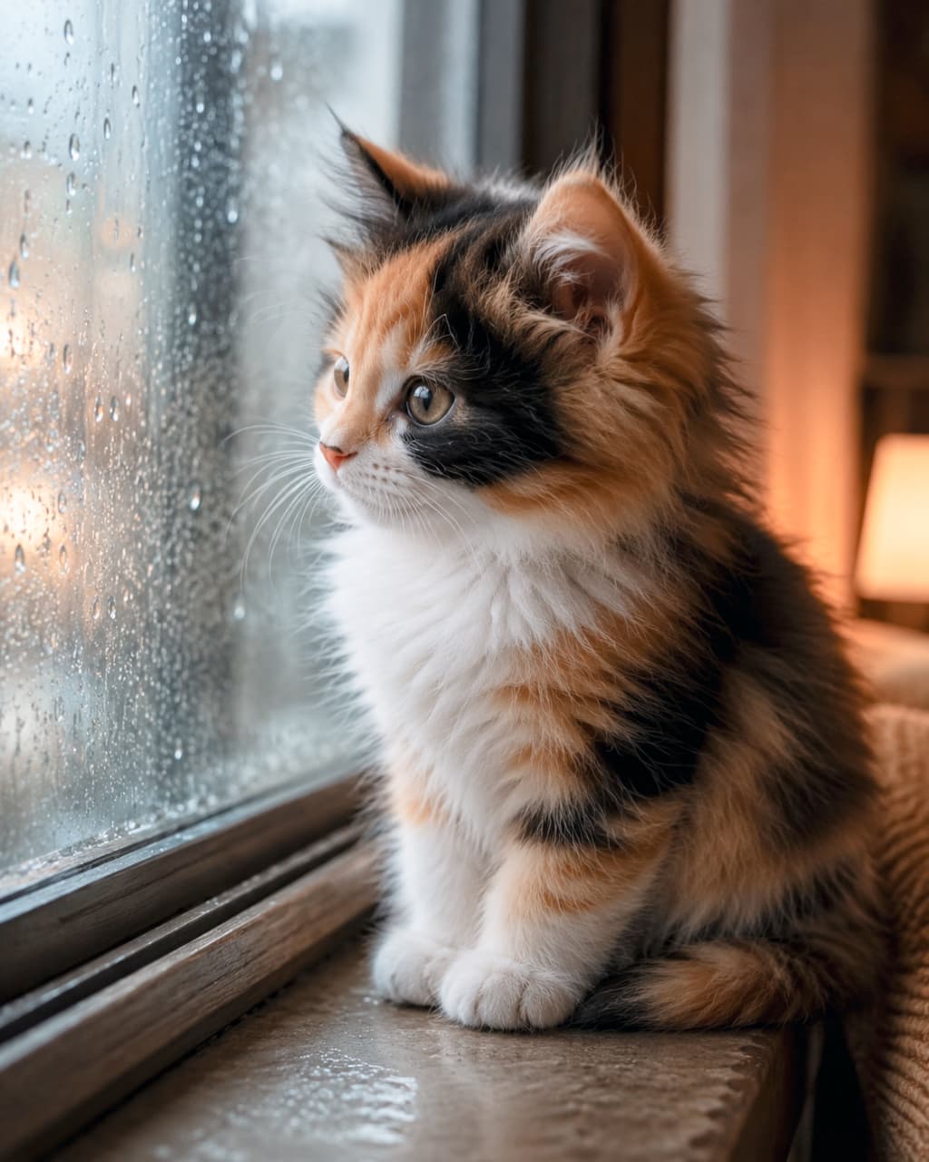 Ultra-realistic high-quality photograph of a fluffy calico kitten sitting by a window covered in raindrops, looking outside thoughtfully. The soft indoor lighting contrasts with the moody, rainy atmosphere outside. 雨粒が伝う窓ガラスの前にちょこんと座り、外の景色をじっと見つめる長毛の三毛猫(キャリコ)の子猫。フワフワの豊かな被毛、透き通るようなヘーゼル色の瞳、少し哀愁を帯びた横顔が、室内の柔らかなオレンジ色の照明と相まって、静かで叙情的な雰囲気を醸し出しています