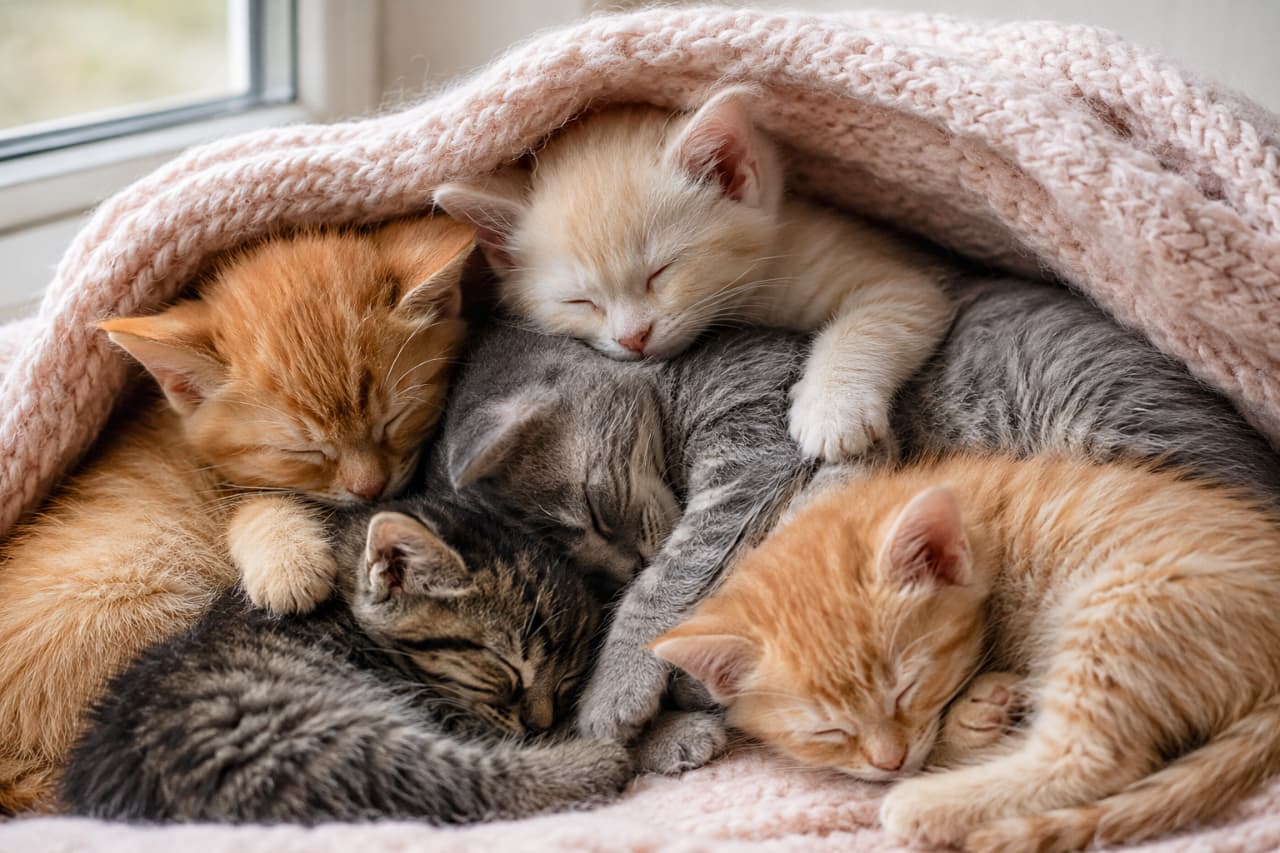 Ultra-realistic high-quality photograph of four kittens of various colors (ginger, cream, silver tabby, and brown tabby) sleeping deeply together, snugly wrapped in a soft pink chunky knit blanket. 柔らかな淡いピンク色のチャンキーニットに包まれ、身を寄せ合ってスヤスヤと眠る4匹の子猫たち。明るい茶トラ、淡いクリーム色、サバトラ、キジトラと多彩な毛色が重なり合い、安らかな寝顔とフワフワの質感が、安心感と究極の癒しを与えてくれる心温まる構図