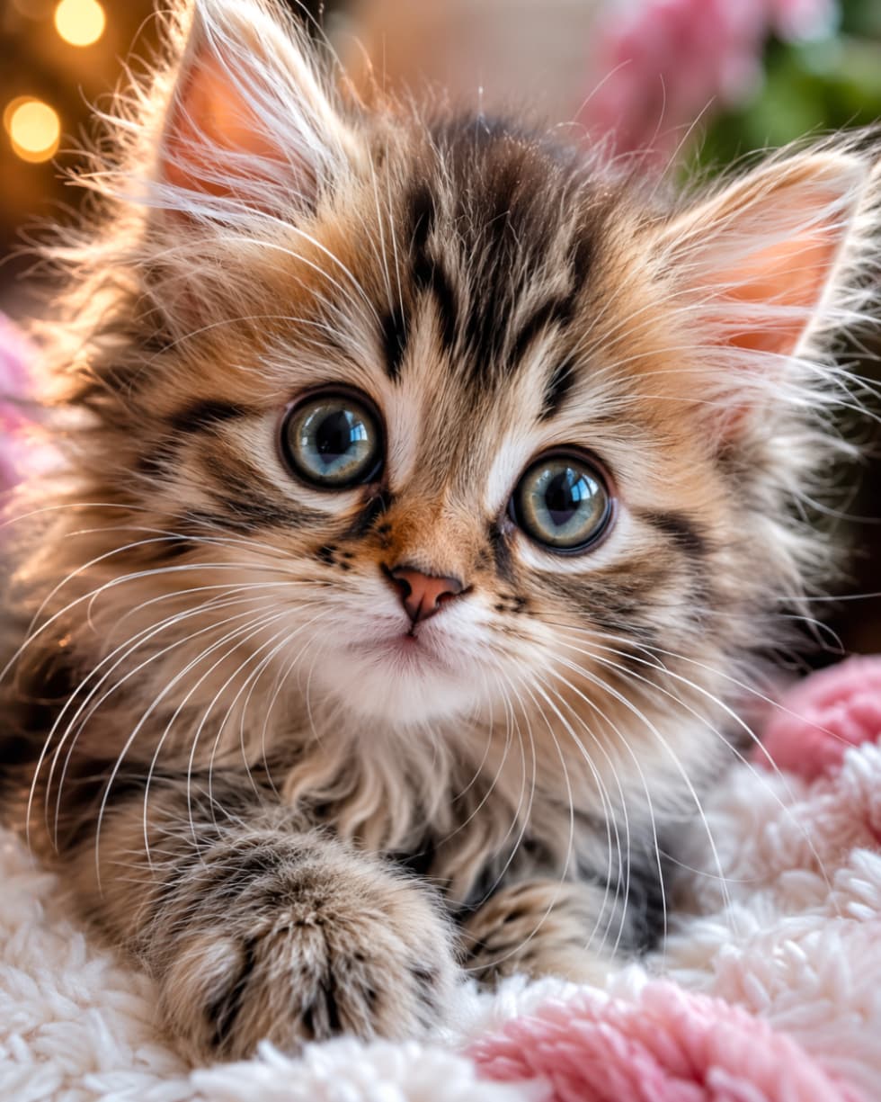 Ultra-realistic high-quality close-up photograph of a fluffy brown tabby kitten with large, captivating blue-green eyes, looking directly at the camera against a dreamy background with warm bokeh lights and soft pink textures. 背景に煌めくオレンジ色の玉ボケとピンク色の柔らかな布地を背に、こちらをじっと見つめる長毛(ペルシャ風)のキジトラ子猫のクローズアップ。光を反射して宝石のように輝く青緑色(アクアグリーン)の大きな瞳と、ふんわりとした豊かな被毛が、幻想的で高級感のある美しさを放っています