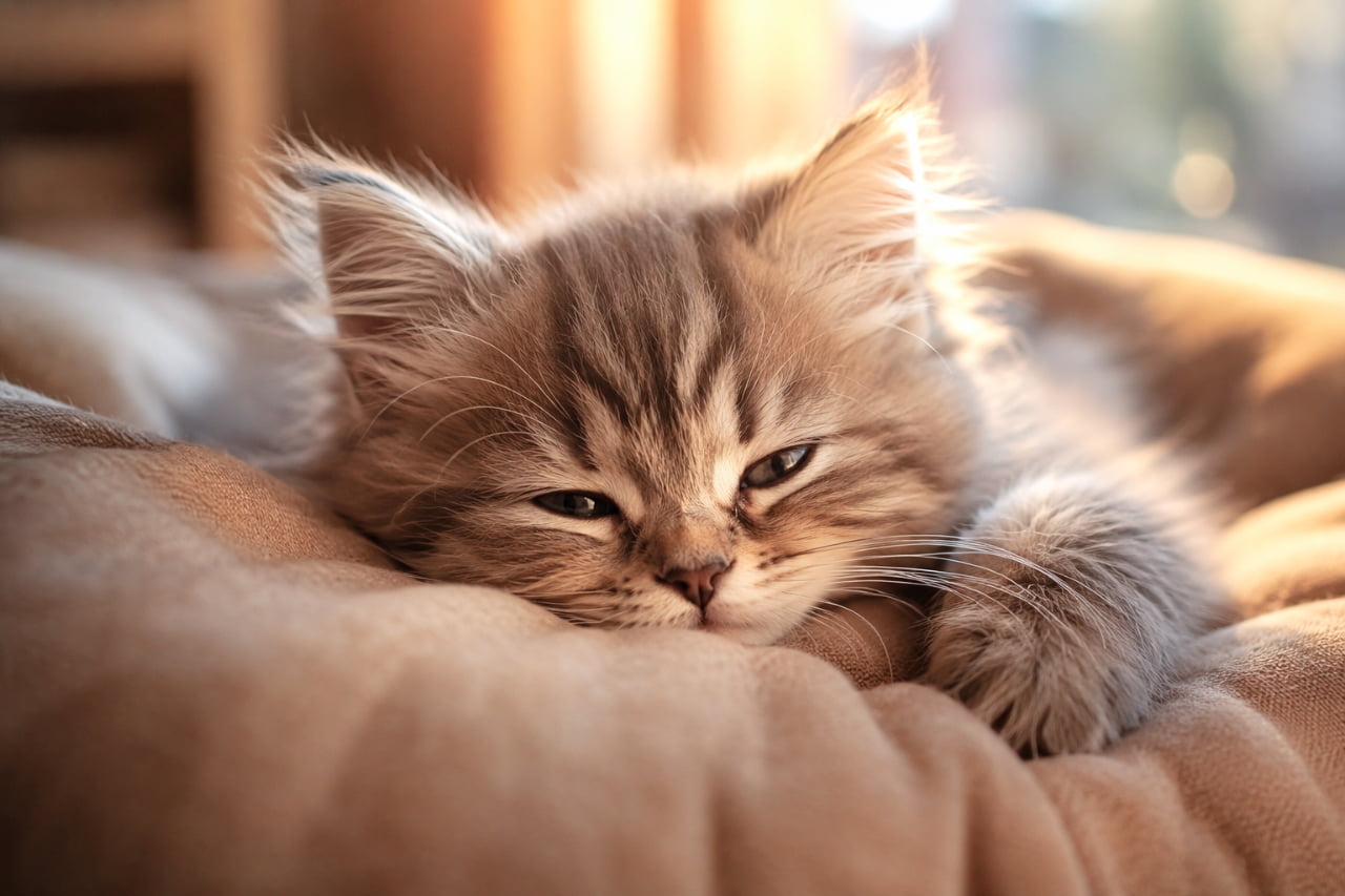 Ultra-realistic high-quality photograph of a sleepy long-haired brown tabby kitten resting its chin on a soft cushion. The golden hour backlight beautifully illuminates its fluffy fur and ear tufts, creating a warm and peaceful atmosphere. 夕暮れの温かな逆光を浴びて被毛が黄金色に輝く、長毛種のキジトラ子猫のリアルな写真。ふかふかのクッションに顎を乗せ、半分閉じたとろんとした眠そうな目で微睡む姿が捉えられています。柔らかな毛並みと耳毛(タフト)の質感が魅力的な一枚