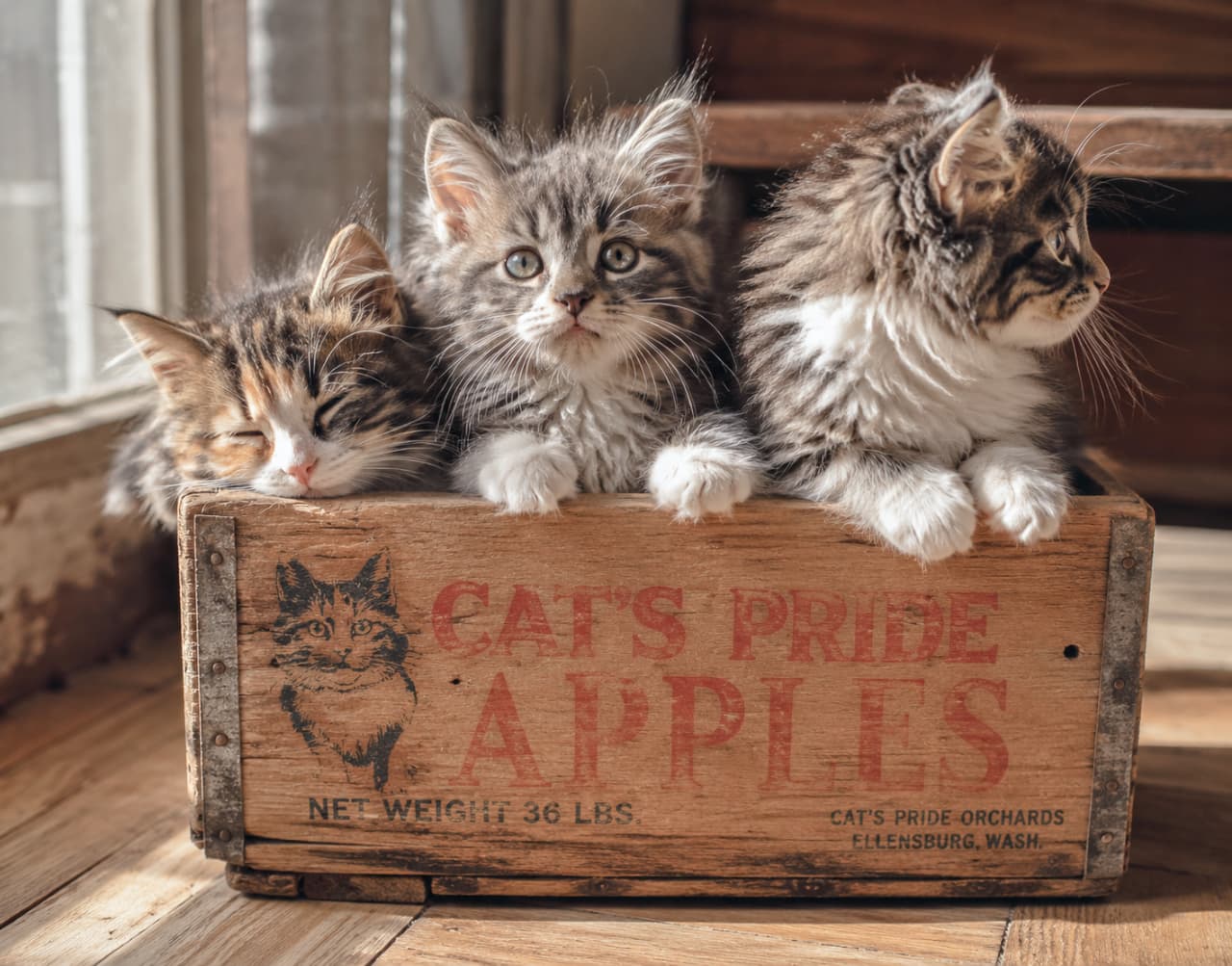Ultra-realistic high-quality photograph of three fluffy tabby and white kittens (Maine Coon mix style) snuggled inside a vintage wooden crate labeled "CAT'S PRIDE APPLES", bathed in warm sunlight, with one sleeping and two looking forward curiously. 暖かい陽光が差し込む中、「CAT'S PRIDE APPLES」と印字されたヴィンテージ風の木箱にすっぽりと収まる3匹の長毛種(メインクーン風)のキジ白子猫。左の子は気持ちよさそうに目を閉じ、中央と右の子は丸い瞳で好奇心旺盛に前を見つめている、ノスタルジックで心温まる情景