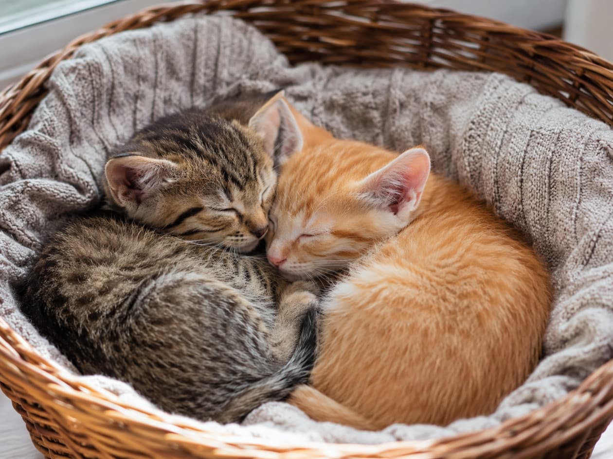 Ultra-realistic high-quality photograph of two kittens, one brown tabby and one ginger, curled up together and sleeping peacefully inside a natural wicker basket lined with a cozy grey knit fabric. ナチュラルな籐(ラタン)のバスケットの中で、グレーのニットと白い布の上に丸まり、ぴったりとくっついて眠るキジトラと茶トラの子猫。自然光が彼らの滑らかな短い被毛を優しく照らし出し、心地よい静寂と深い絆を感じさせる、ナチュラルテイストな一枚